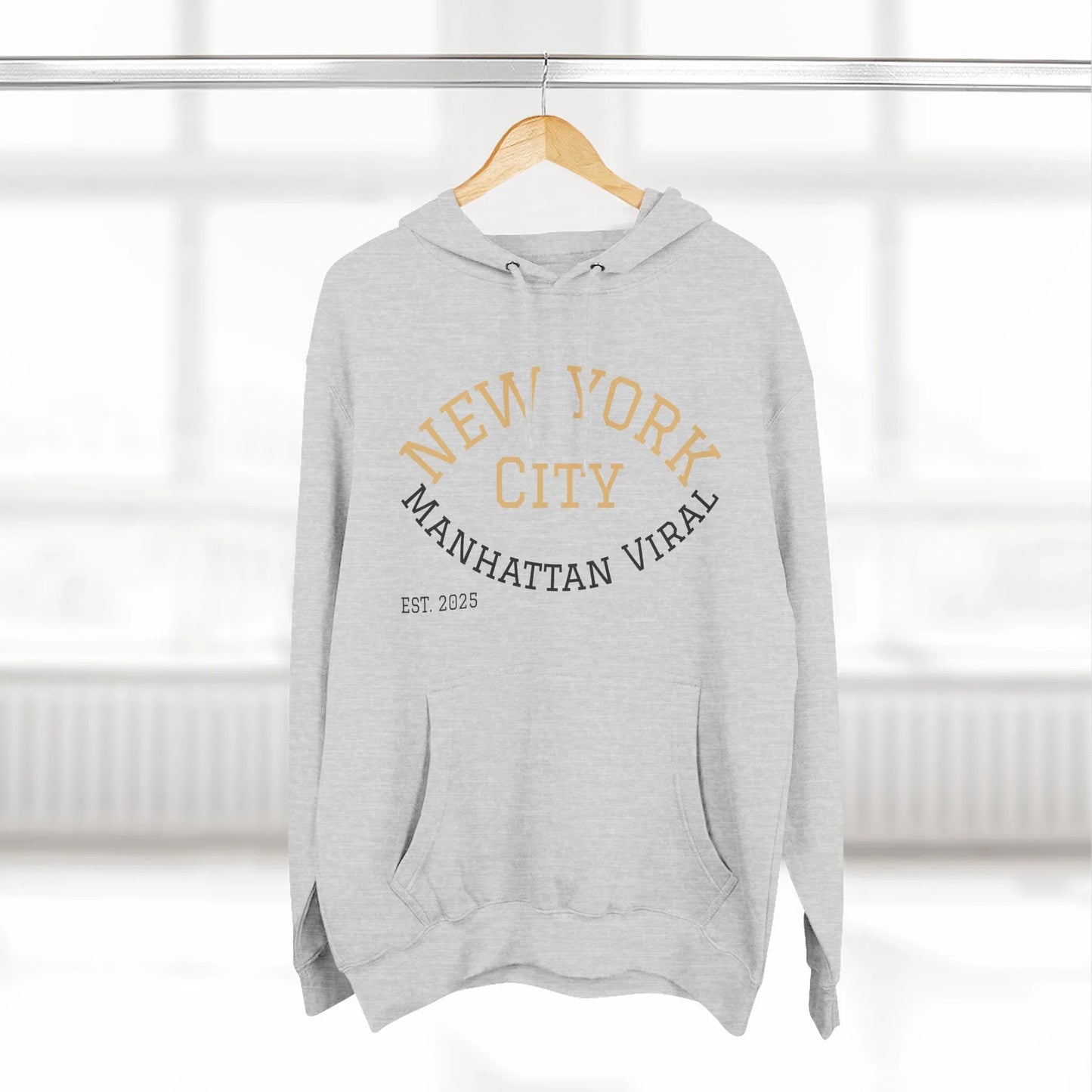New York City MV Three-Panel Fleece Hoodie, Cozy Streetwear, Urban Fashion, Gift for NYC Lovers, Casual Layering Piece - Manhattan Viral