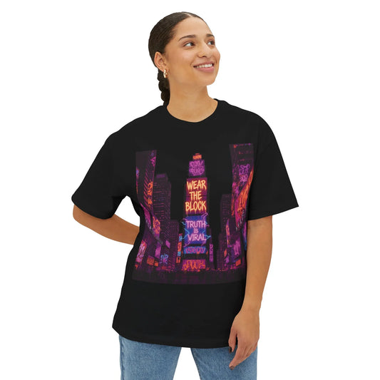 Viral Times Square Oversized Boxy Tee with Urban Graphic, Streetwear T-Shirt, NYC Fashion - Black - XS