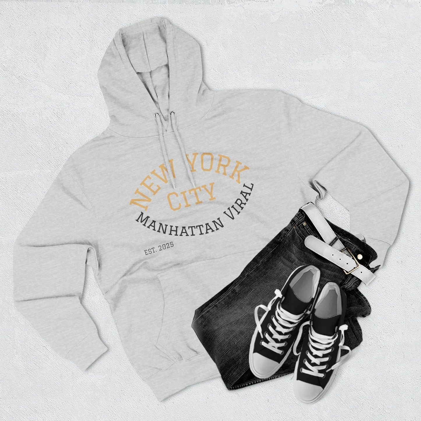 New York City MV Three-Panel Fleece Hoodie, Cozy Streetwear, Urban Fashion, Gift for NYC Lovers, Casual Layering Piece - Manhattan Viral
