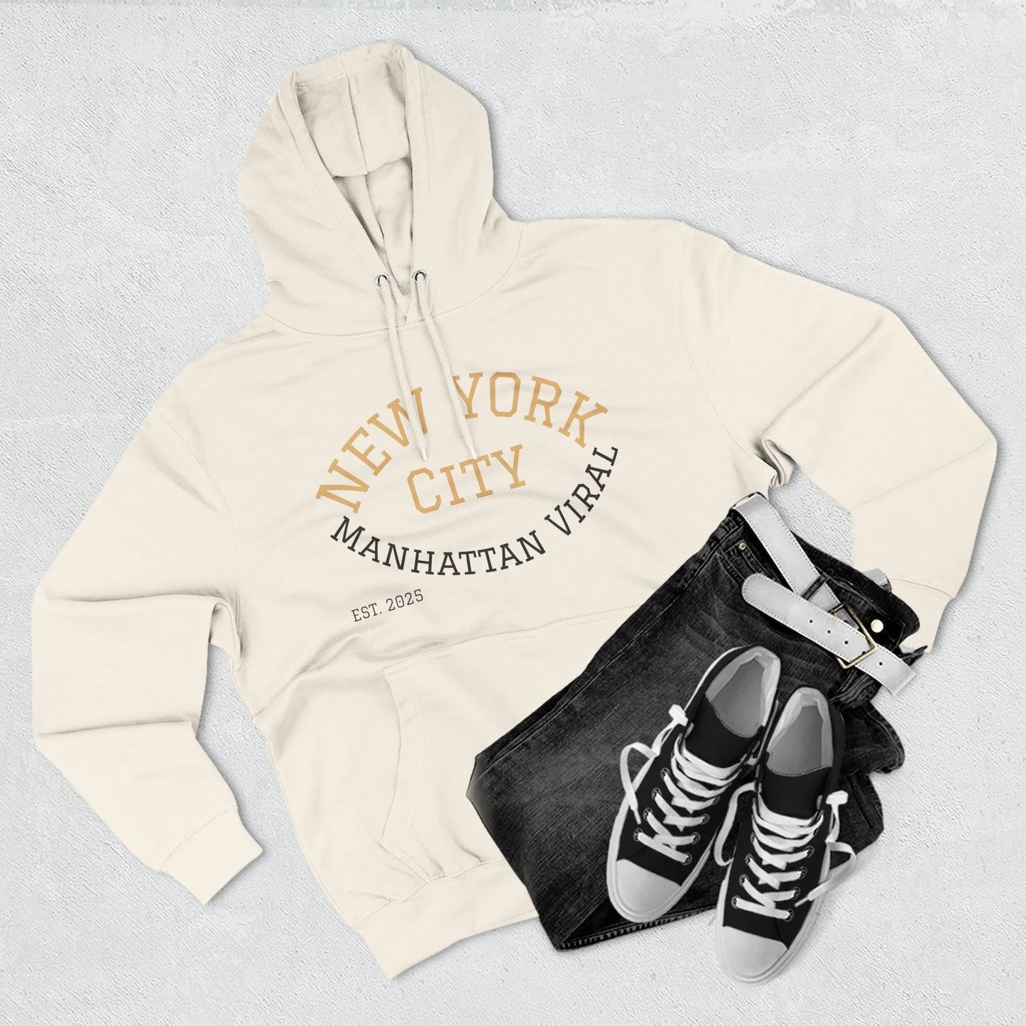 New York City MV Three-Panel Fleece Hoodie, Cozy Streetwear, Urban Fashion, Gift for NYC Lovers, Casual Layering Piece - Manhattan Viral