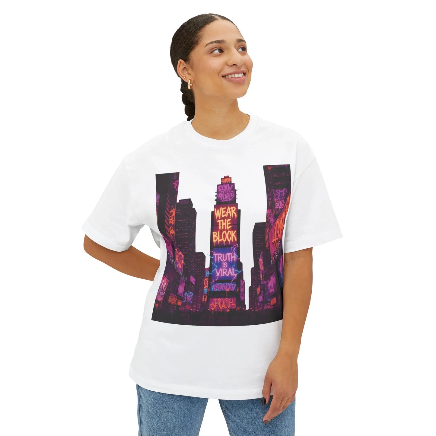 Viral Times Square  Oversized Boxy Tee with Urban Graphic, Streetwear T-Shirt, NYC Fashion - Athletic Heather - S