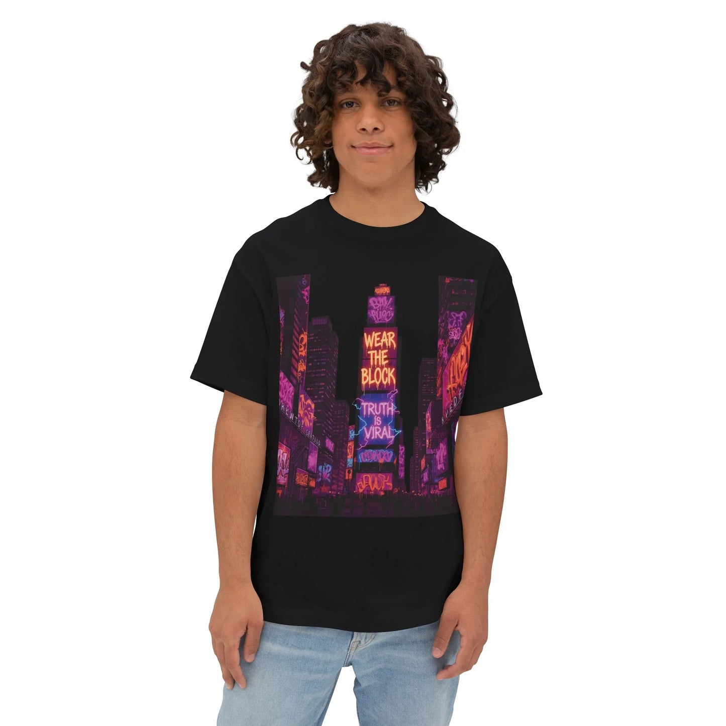 Viral Times Square  Oversized Boxy Tee with Urban Graphic, Streetwear T-Shirt, NYC Fashion - Athletic Heather - M