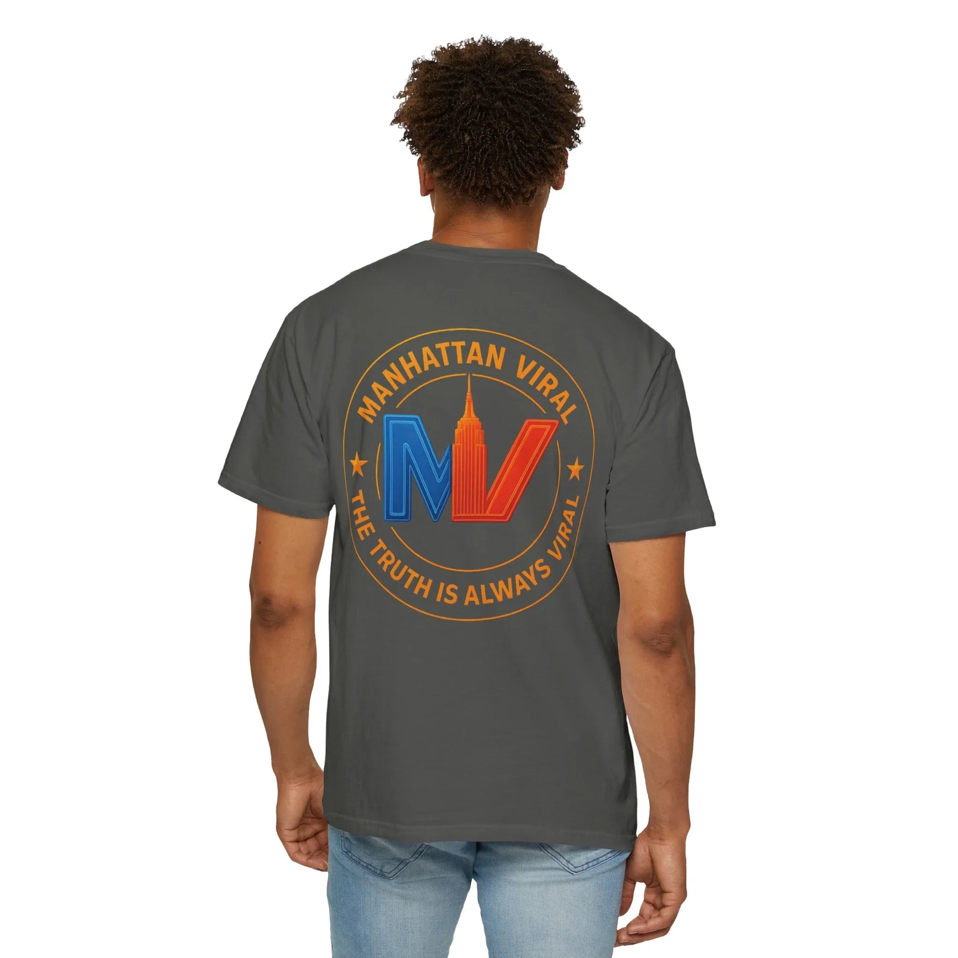 MV Medallion Garment-Dyed T-shirt with 'Manhattan Viral' Graphic, NYC Streetwear - MV Medallion Garment-Dyed T-shirt with 'Manhattan Viral' Graphic, NYC Streetwear - Granite - XL