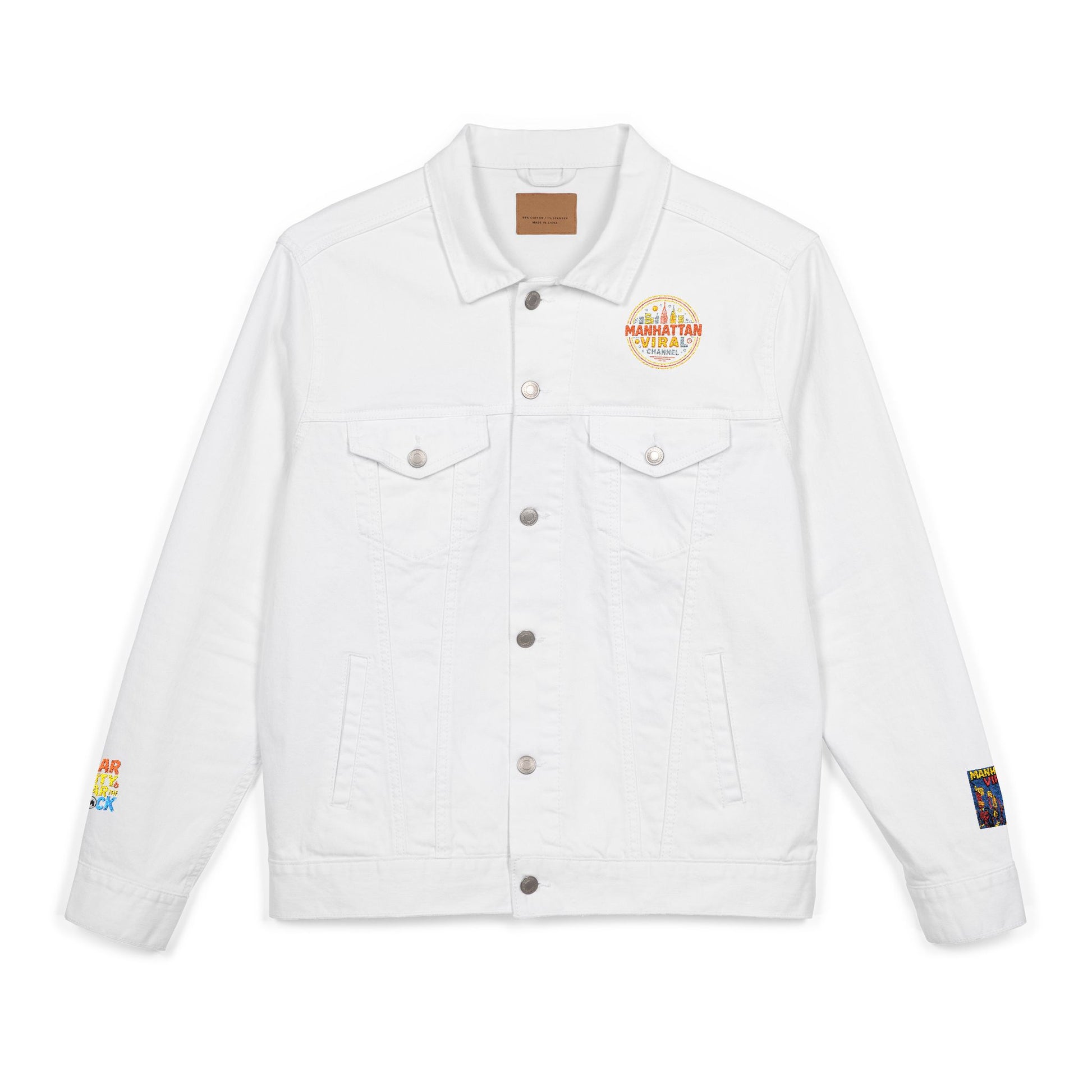 MV Channel Denim Jacket - Manhattan Viral Channel Embroidered Denim Jacket, Casual Streetwear, Unisex Fashion - Manhattan Viral