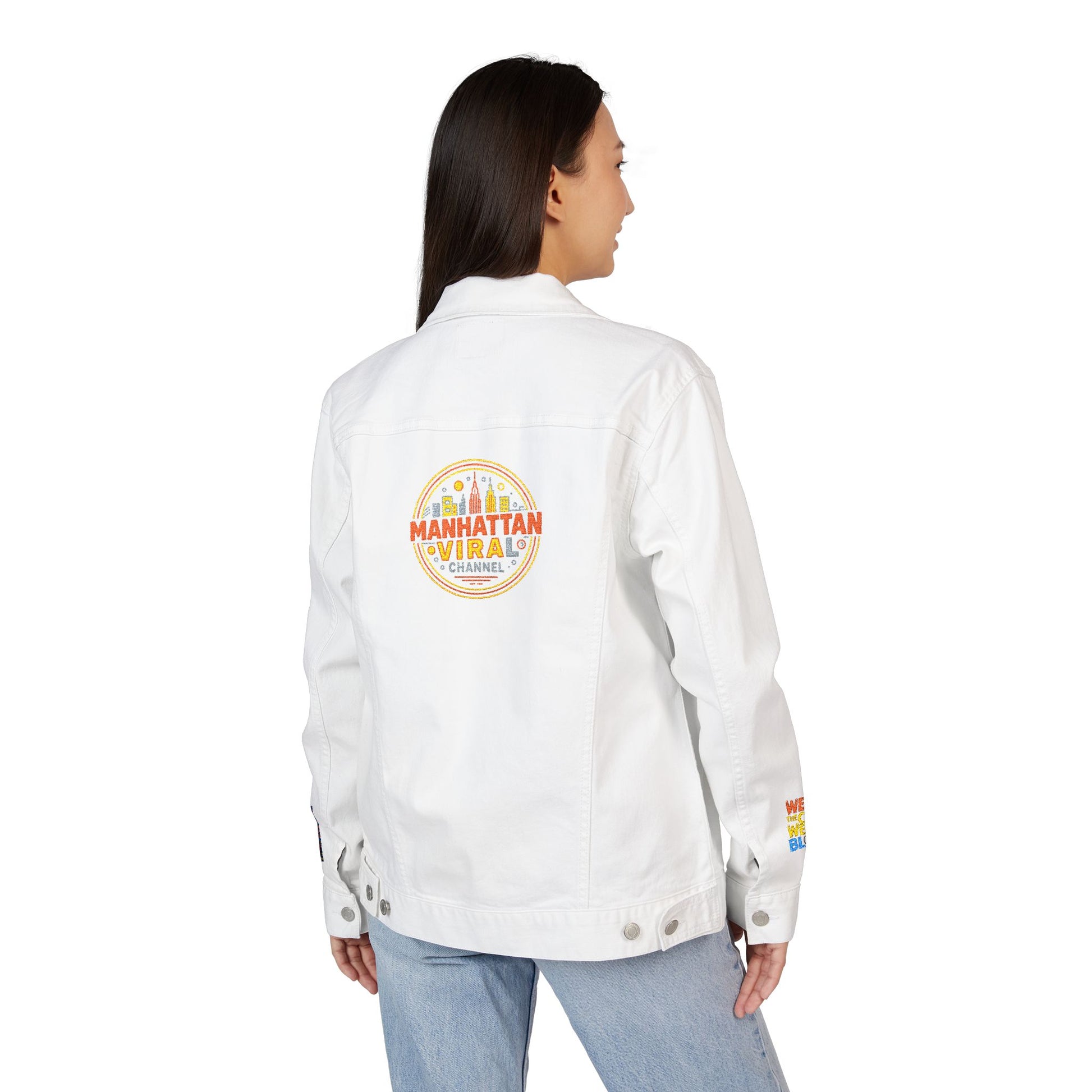 MV Channel Denim Jacket - Manhattan Viral Channel Embroidered Denim Jacket, Casual Streetwear, Unisex Fashion - Manhattan Viral