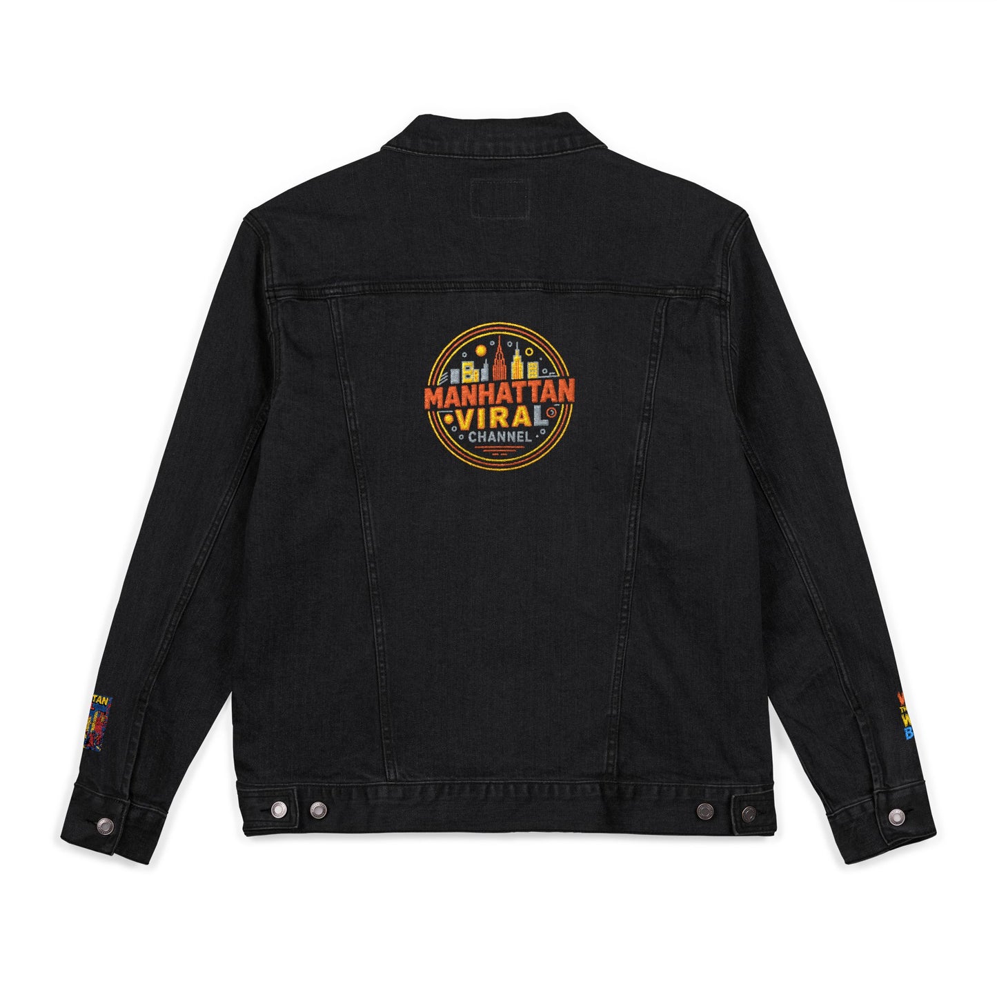 Manhattan Viral Channel Embroidered Denim Jacket, Casual Streetwear, Unisex Fashion - Manhattan Viral