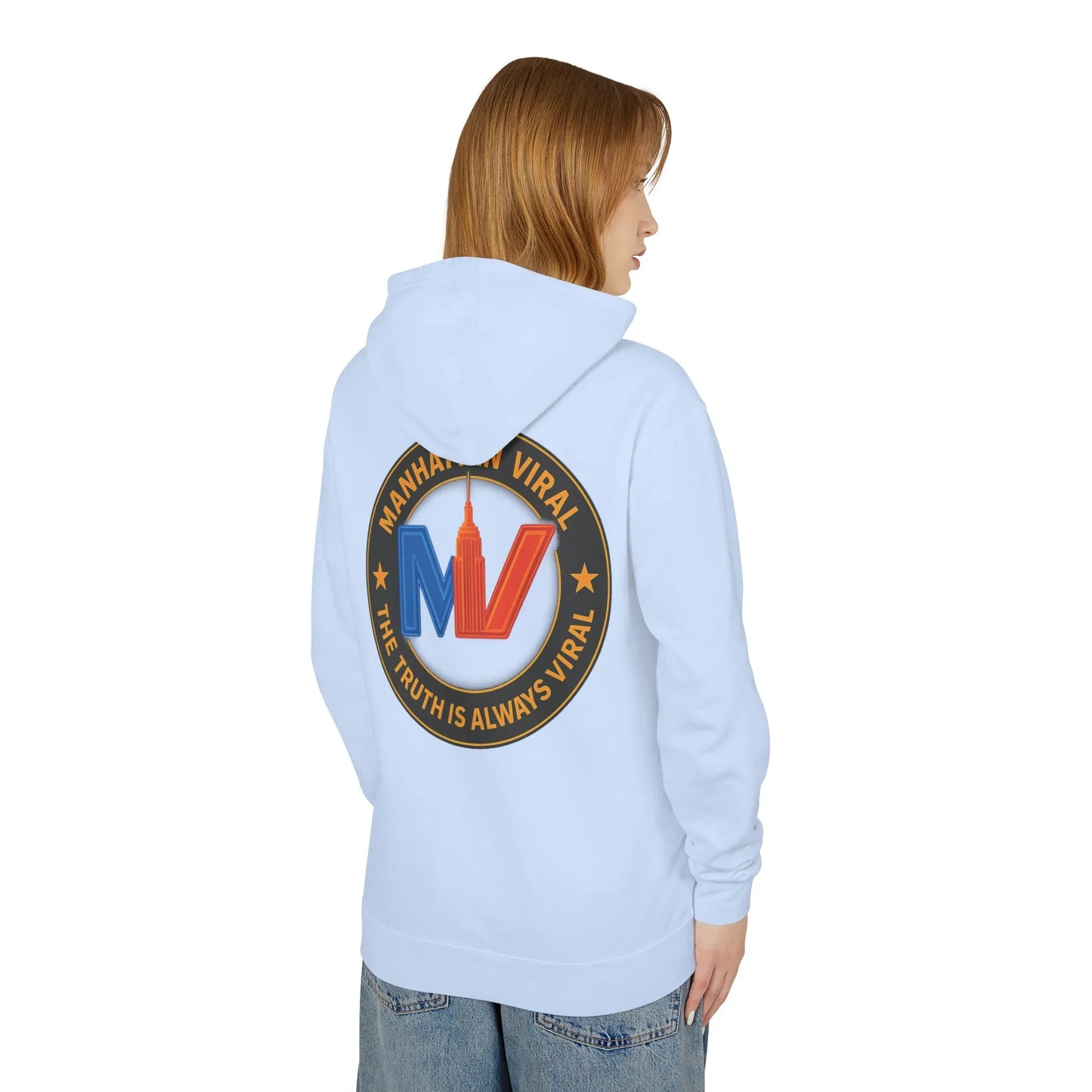 Manhattan Viral Medallion Unisex Lightweight Hooded Sweatshirt, NYC Streetwear - L - White