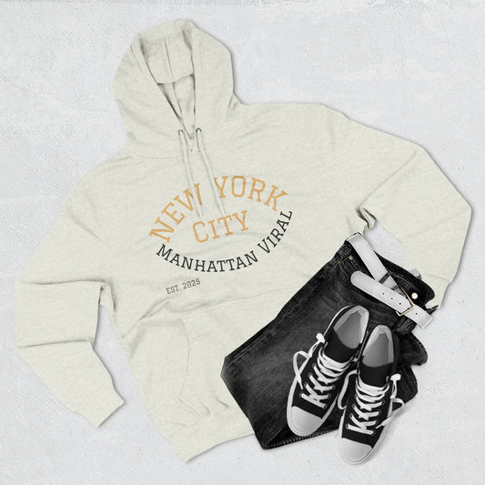 New York City MV Three-Panel Fleece Hoodie, Cozy Streetwear, Urban Fashion, Gift for NYC Lovers, Casual Layering Piece - Manhattan Viral