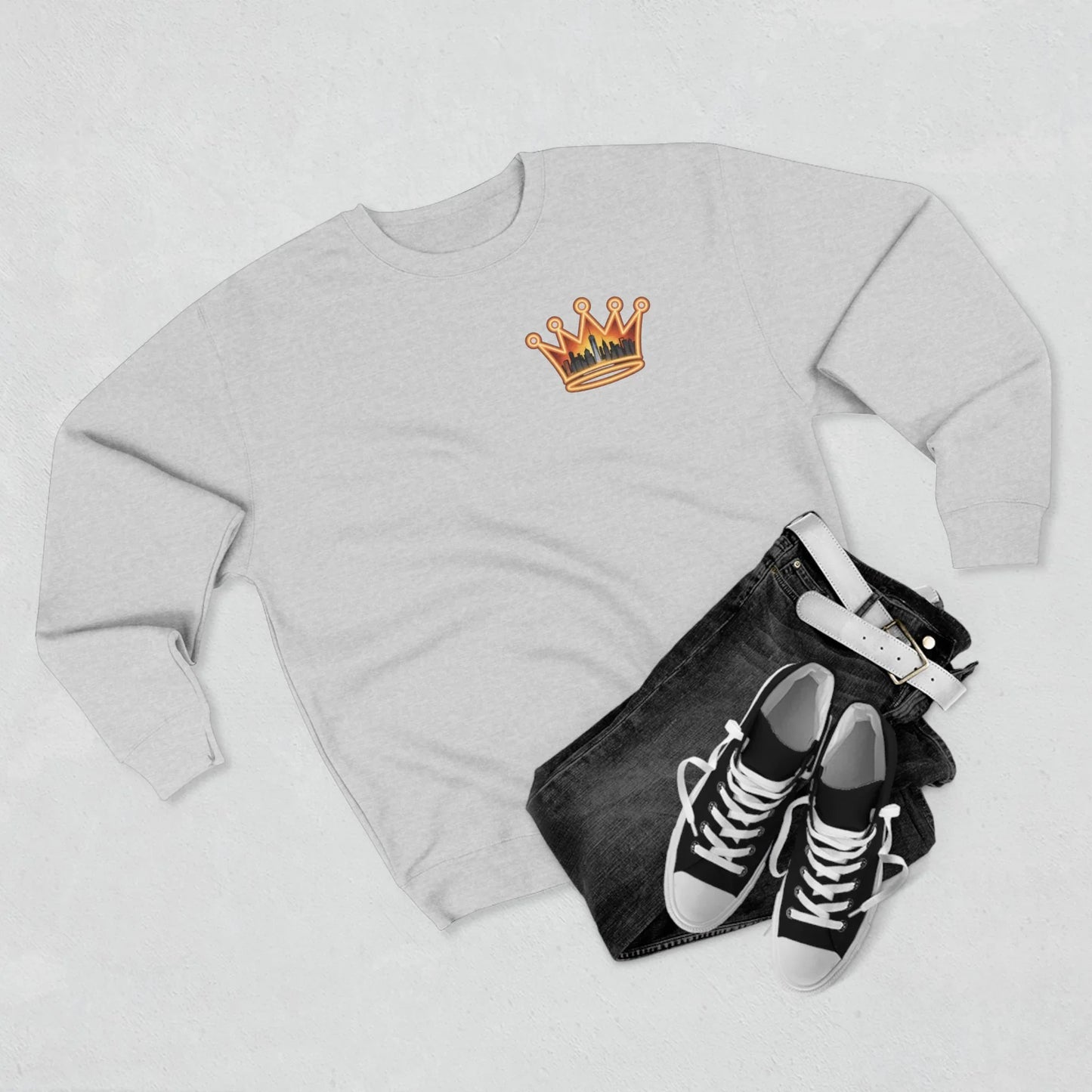 NYC Crowned Crewneck Sweatshirt with Crown Design, Streetwear - M - Charcoal Heather
