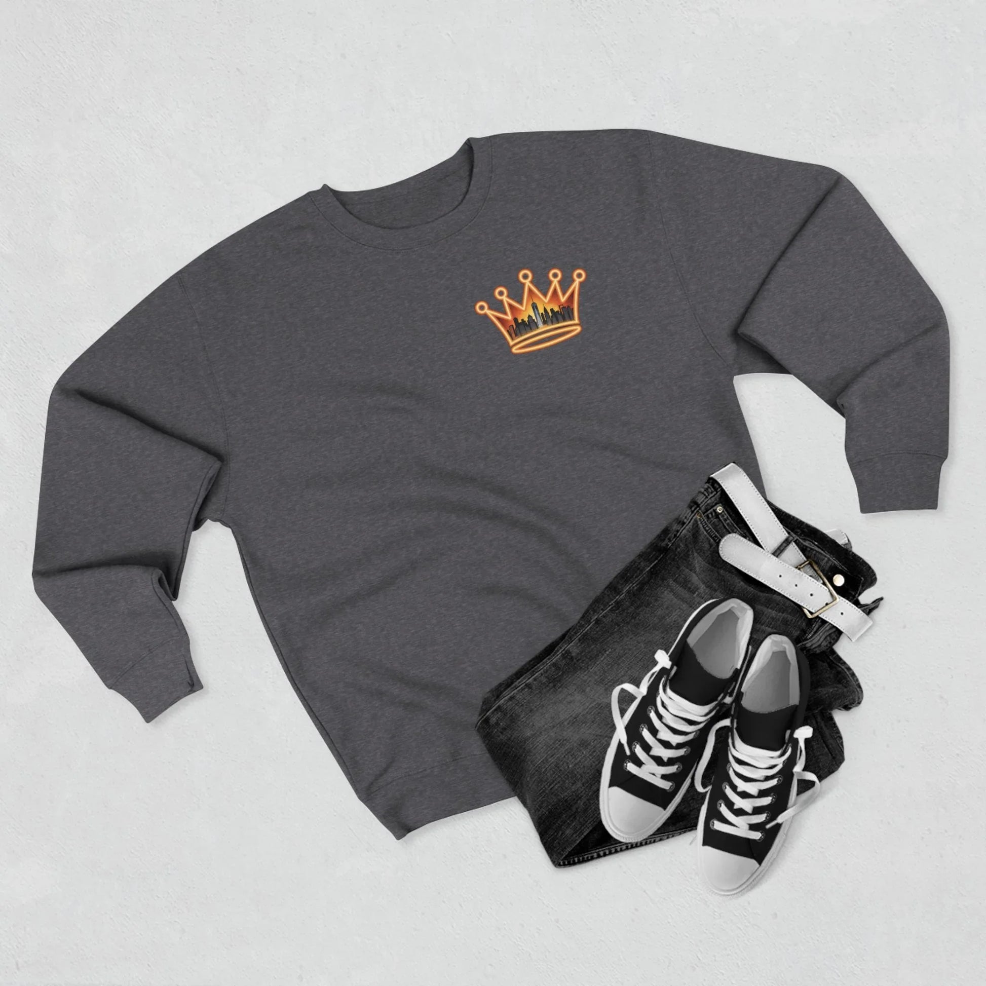 NYC Crowned Crewneck Sweatshirt with Crown Design, Streetwear - NYC Crowned Crewneck Sweatshirt with Crown Design, Streetwear - L - Black