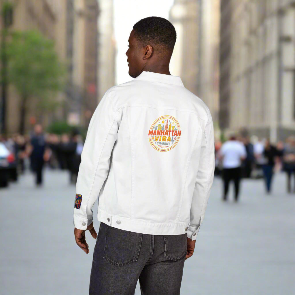 Manhattan Viral Channel Embroidered Denim Jacket, Casual Streetwear, Unisex Fashion - Manhattan Viral