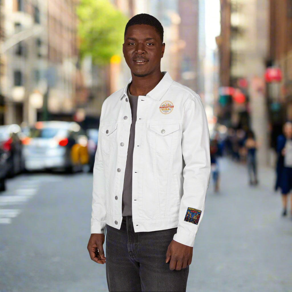 Manhattan Viral Channel Embroidered Denim Jacket, Casual Streetwear, Unisex Fashion - Manhattan Viral