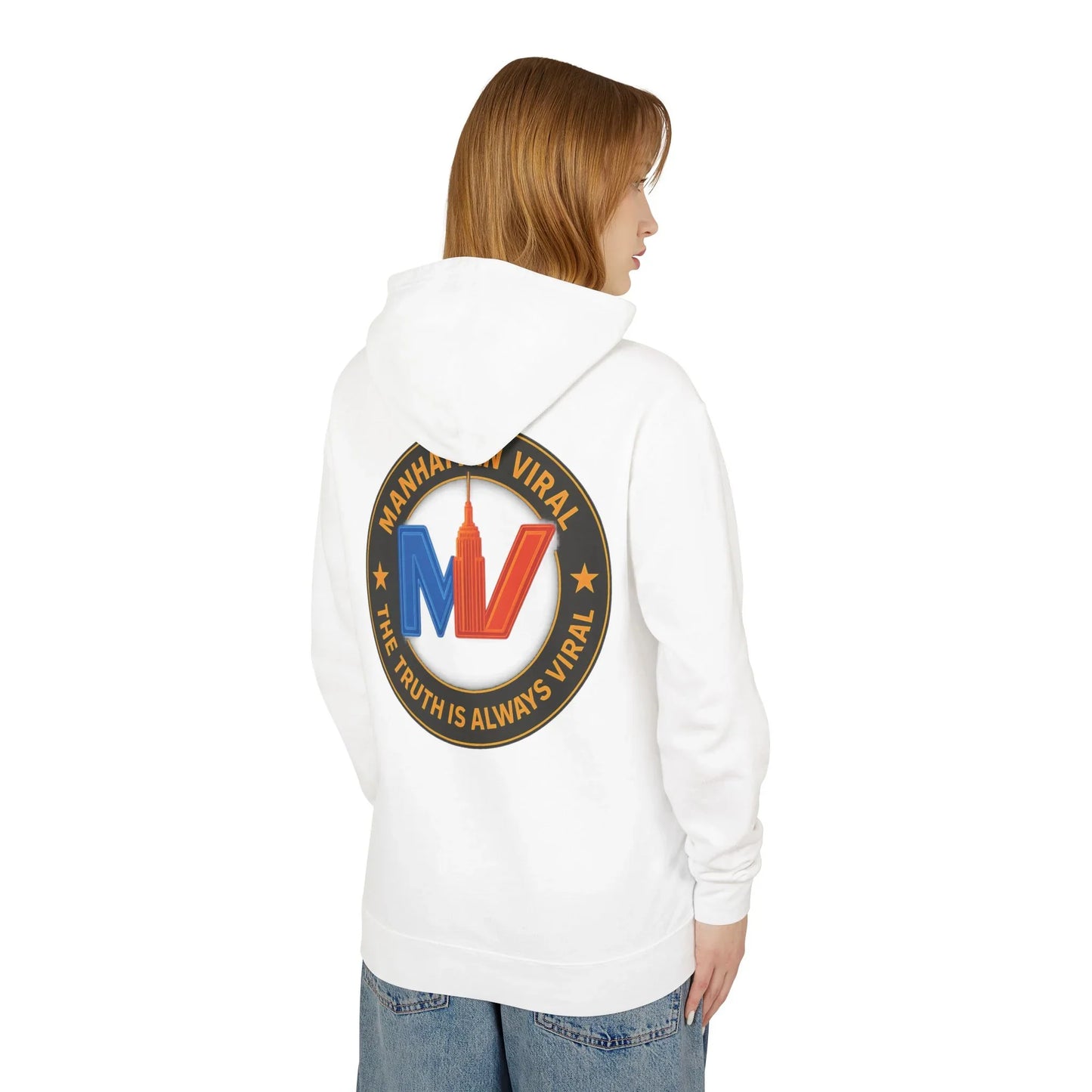 Manhattan Viral Medallion Unisex Lightweight Hooded Sweatshirt, NYC Streetwear - M - Ivory