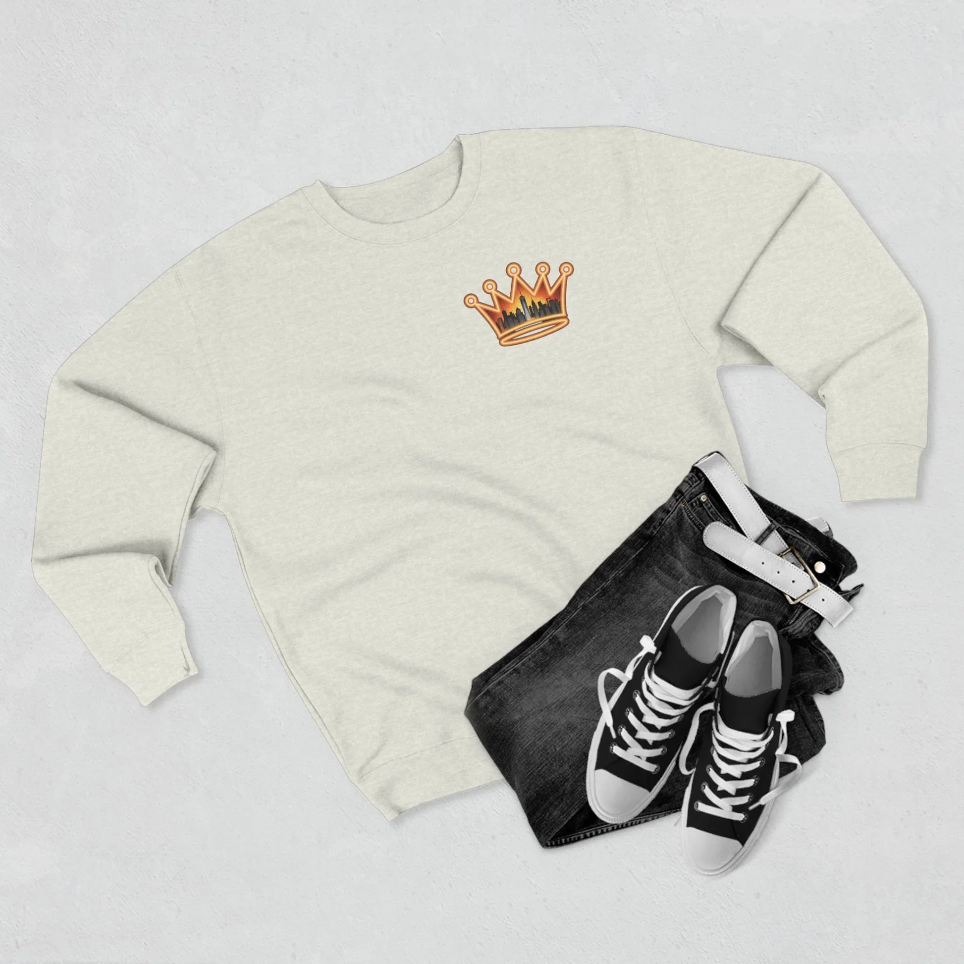 NYC Crowned Crewneck Sweatshirt with Crown Design, Streetwear - NYC Crowned Crewneck Sweatshirt with Crown Design, Streetwear - XL - Heather Grey