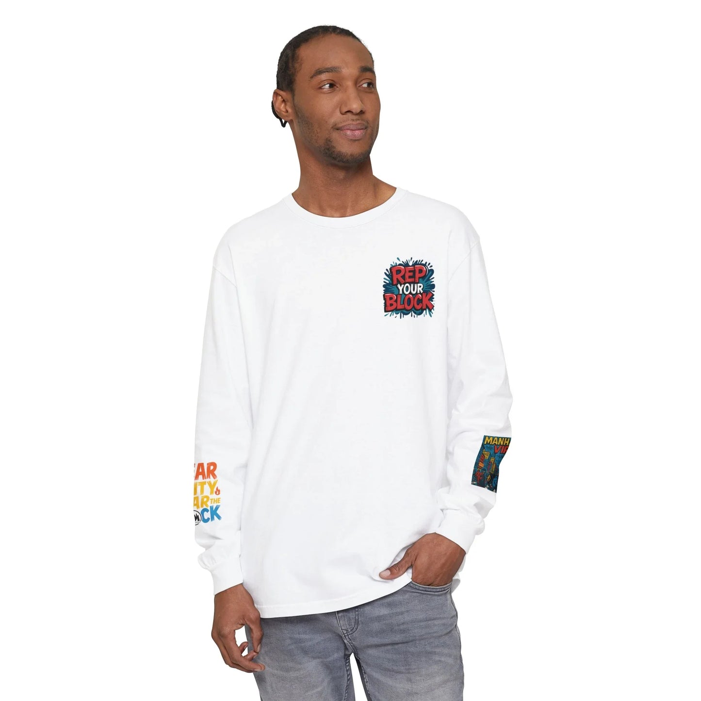 Rep The Block Graphic Long Sleeve Tee with Lion Design, Streetwear - Black - S