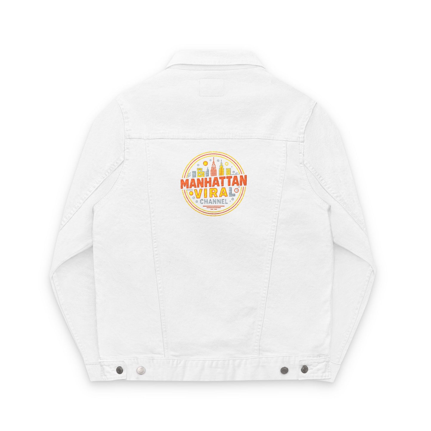 Manhattan Viral Channel Embroidered Denim Jacket, Casual Streetwear, Unisex Fashion - Manhattan Viral