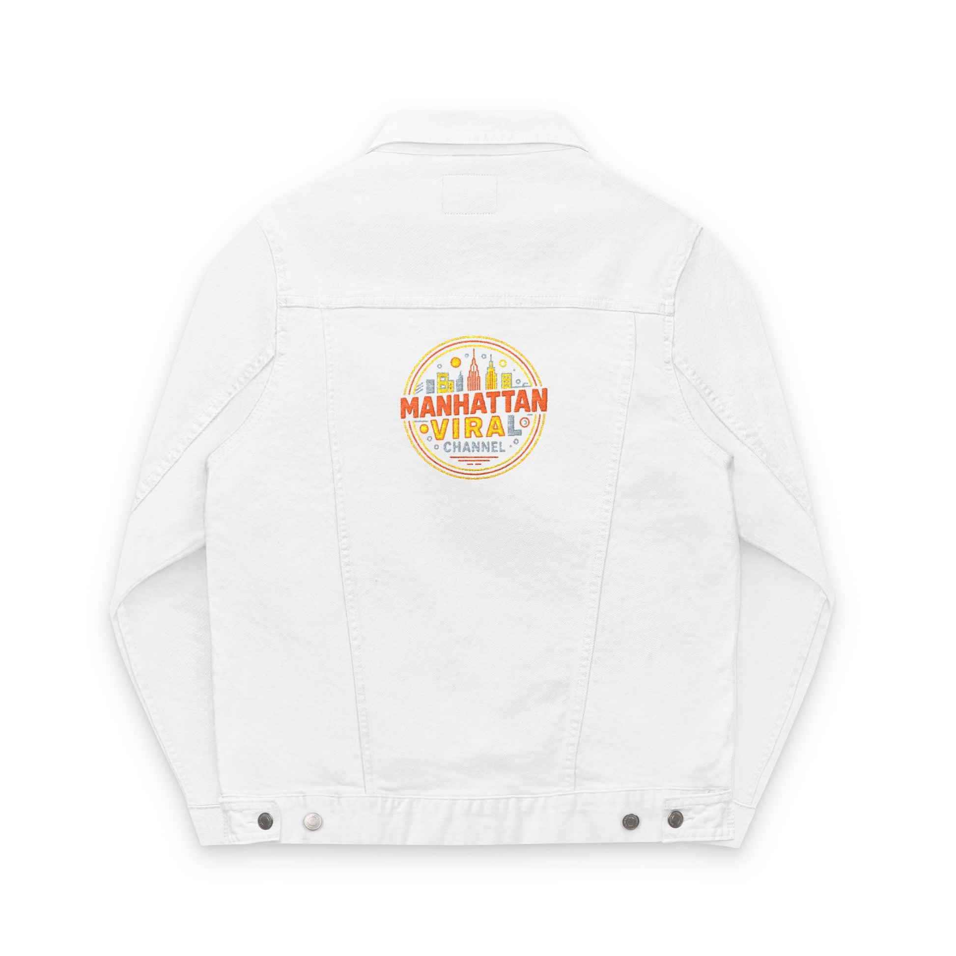 MV Channel Denim Jacket - Manhattan Viral Channel Embroidered Denim Jacket, Casual Streetwear, Unisex Fashion - Manhattan Viral