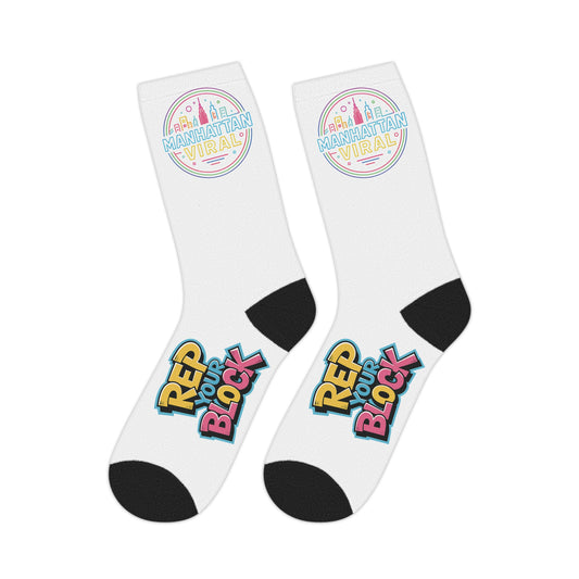 Mid-Length Socks — Pastel Rainbow "Be Manhattan Real" Graphic Crew Socks