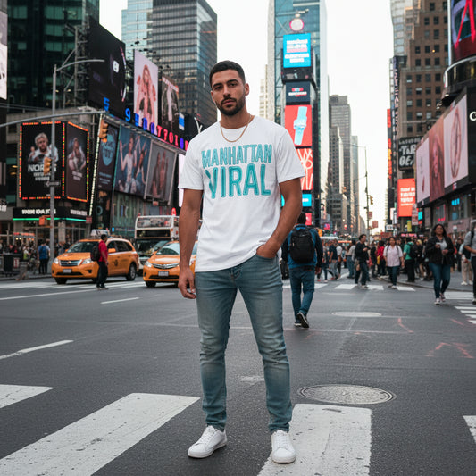 Manhattan Viral Graphic T-Shirt — 'Manhattan Viral' Front Text & Crest Back Design