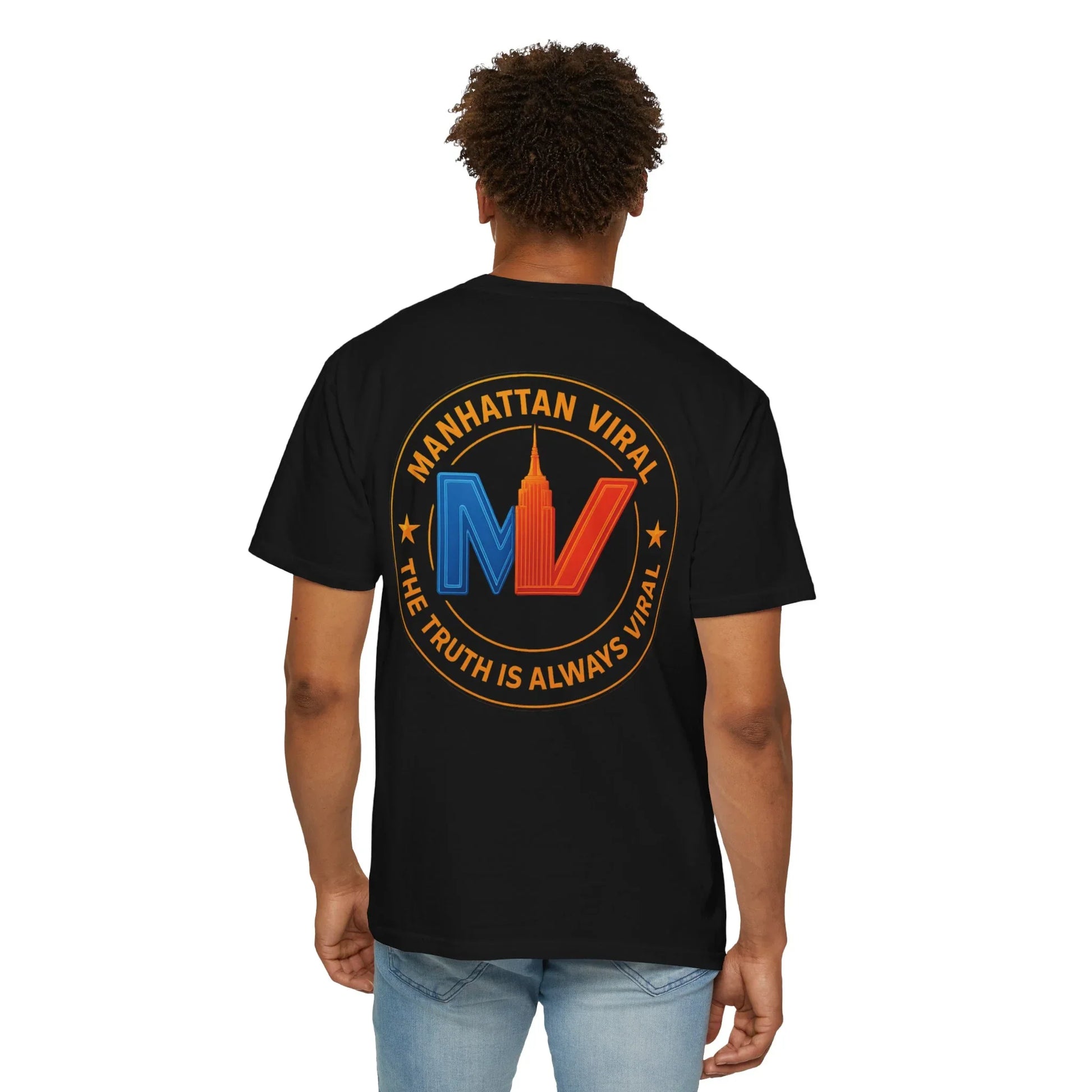 MV Medallion Garment-Dyed T-shirt with 'Manhattan Viral' Graphic, NYC Streetwear - MV Medallion Garment-Dyed T-shirt with 'Manhattan Viral' Graphic, NYC Streetwear - Black - S