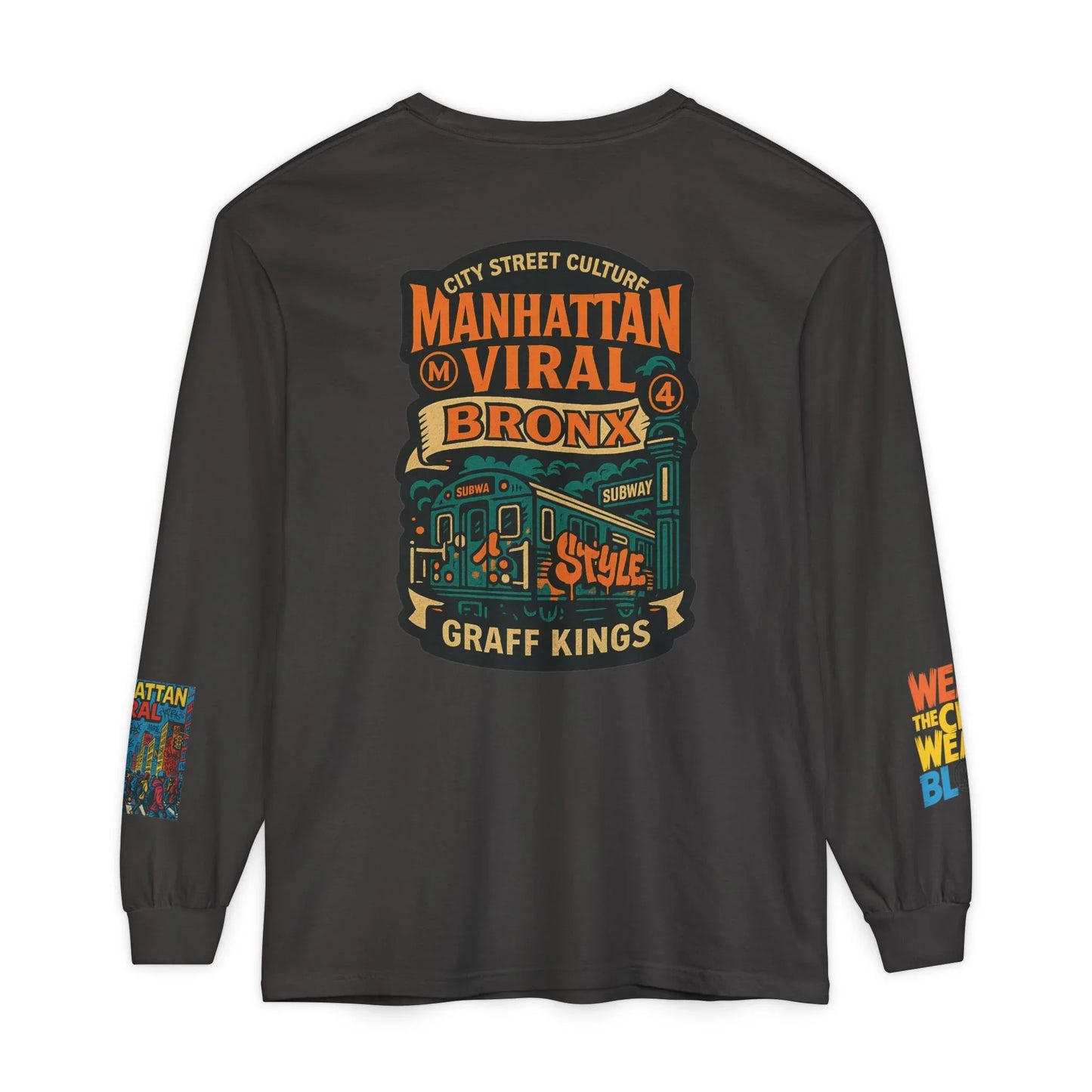 Wear The City Graffiti Long Sleeve T-Shirt, Unisex Streetwear Long Tee - Granite - 2XL