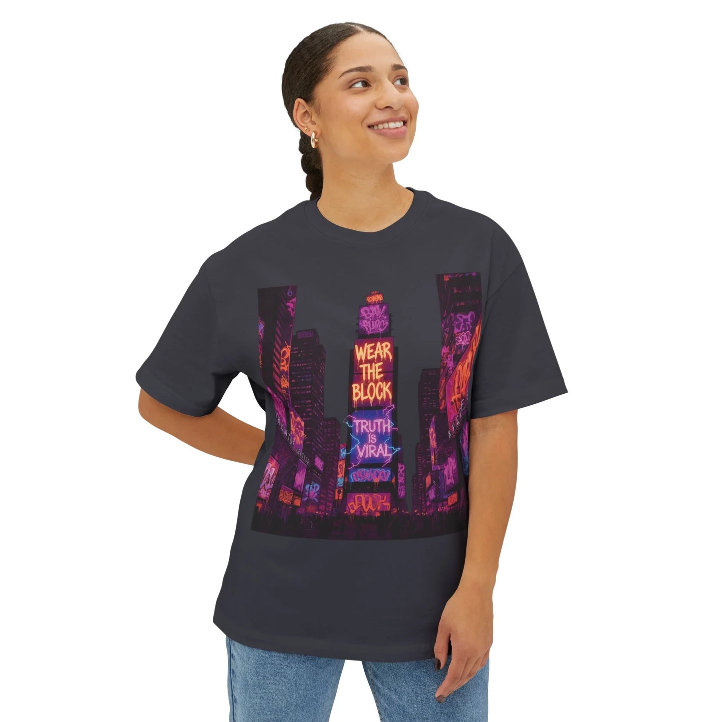 Viral Times Square  Oversized Boxy Tee with Urban Graphic, Streetwear T-Shirt, NYC Fashion - Dark Grey - XS