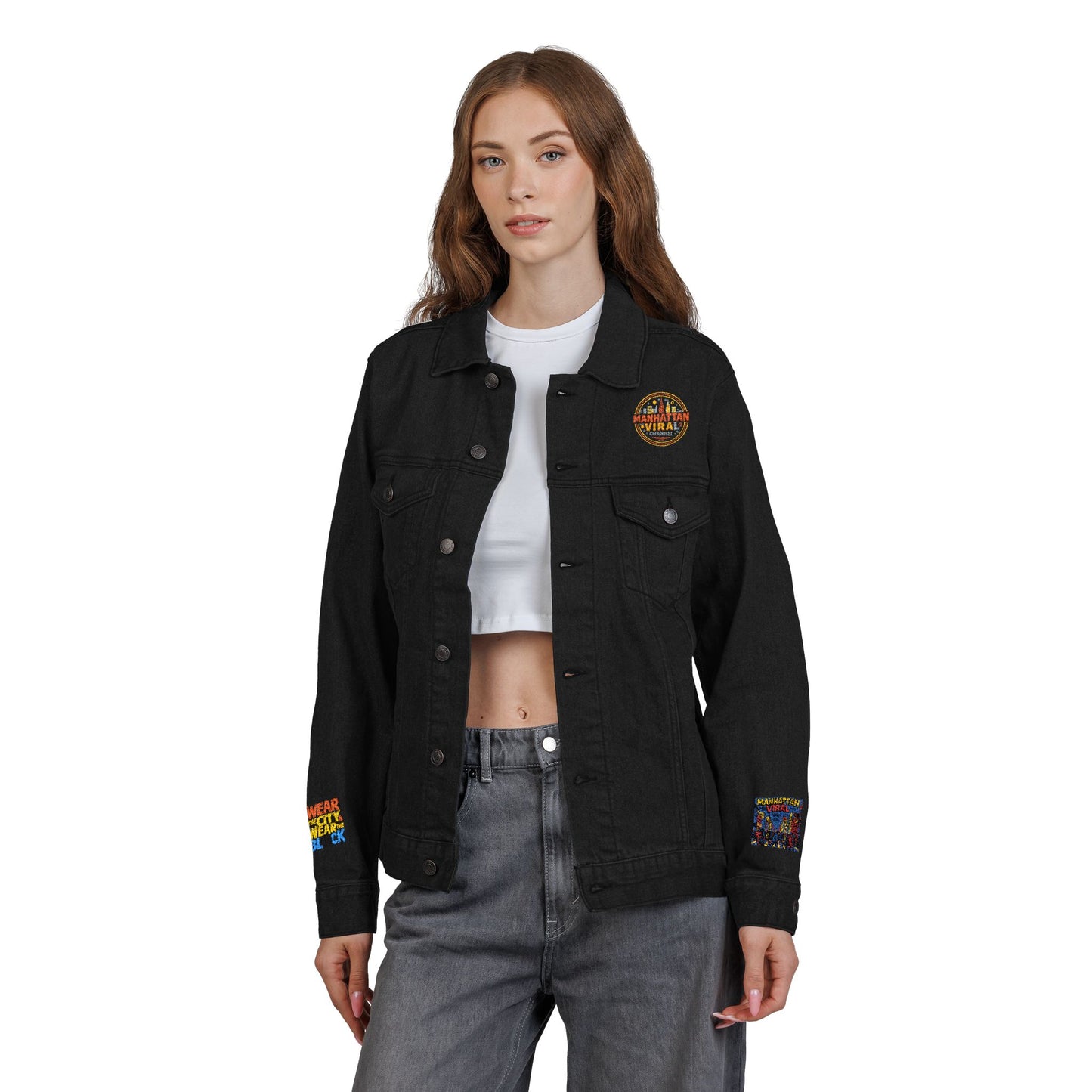 Manhattan Viral Channel Embroidered Denim Jacket, Casual Streetwear, Unisex Fashion - Manhattan Viral