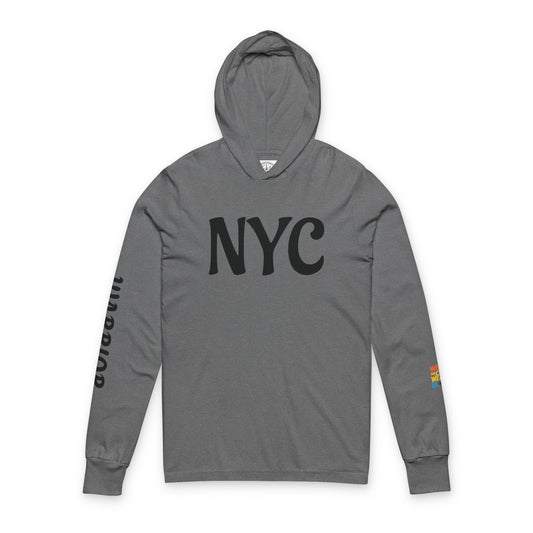 NYC Warrior Crest Hooded Long Sleeve Tee, Casual Streetwear Top, Gift for Travelers, Urban Style Apparel, Summer Hoodie, NYC Fashion Statement