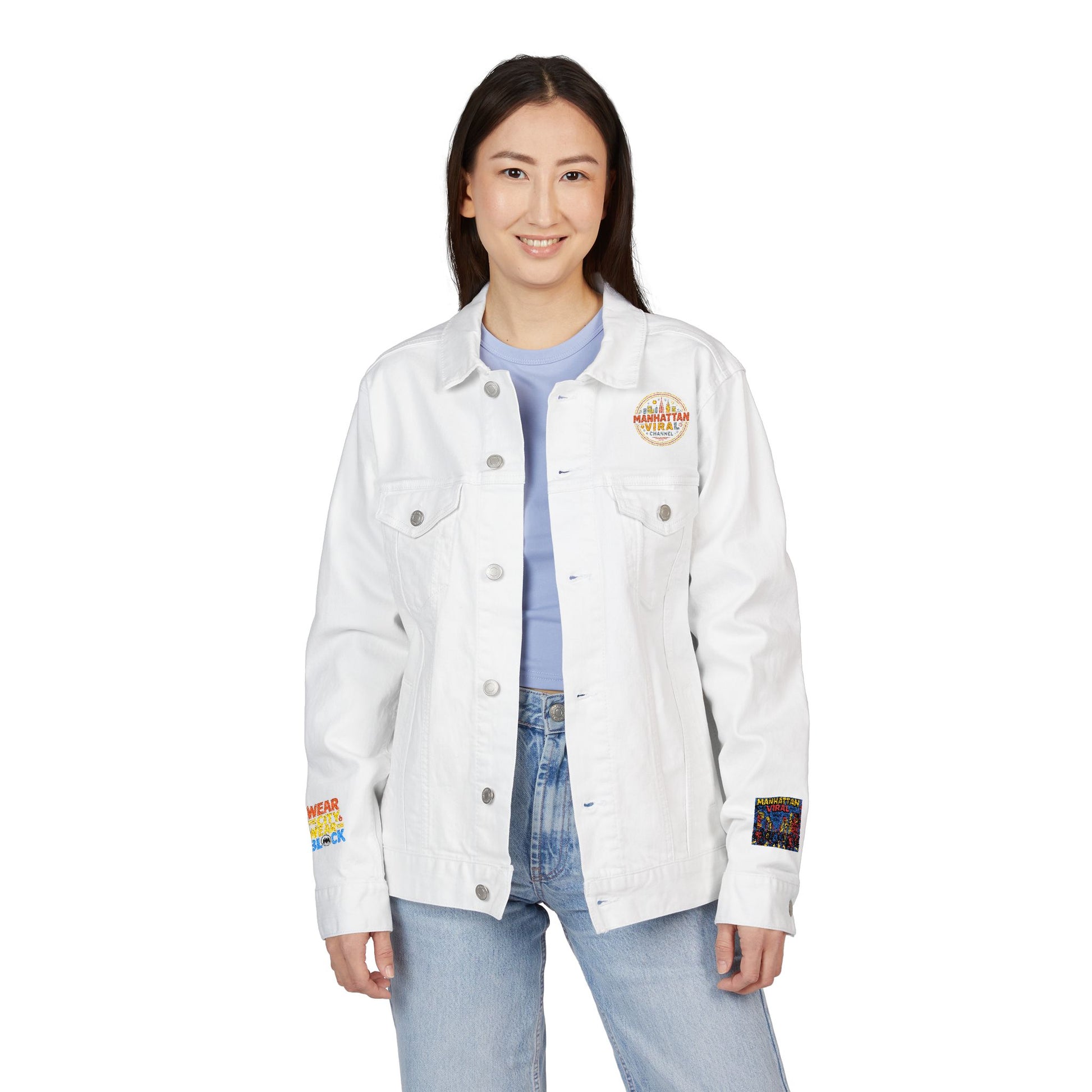 MV Channel Denim Jacket - Manhattan Viral Channel Embroidered Denim Jacket, Casual Streetwear, Unisex Fashion - Manhattan Viral