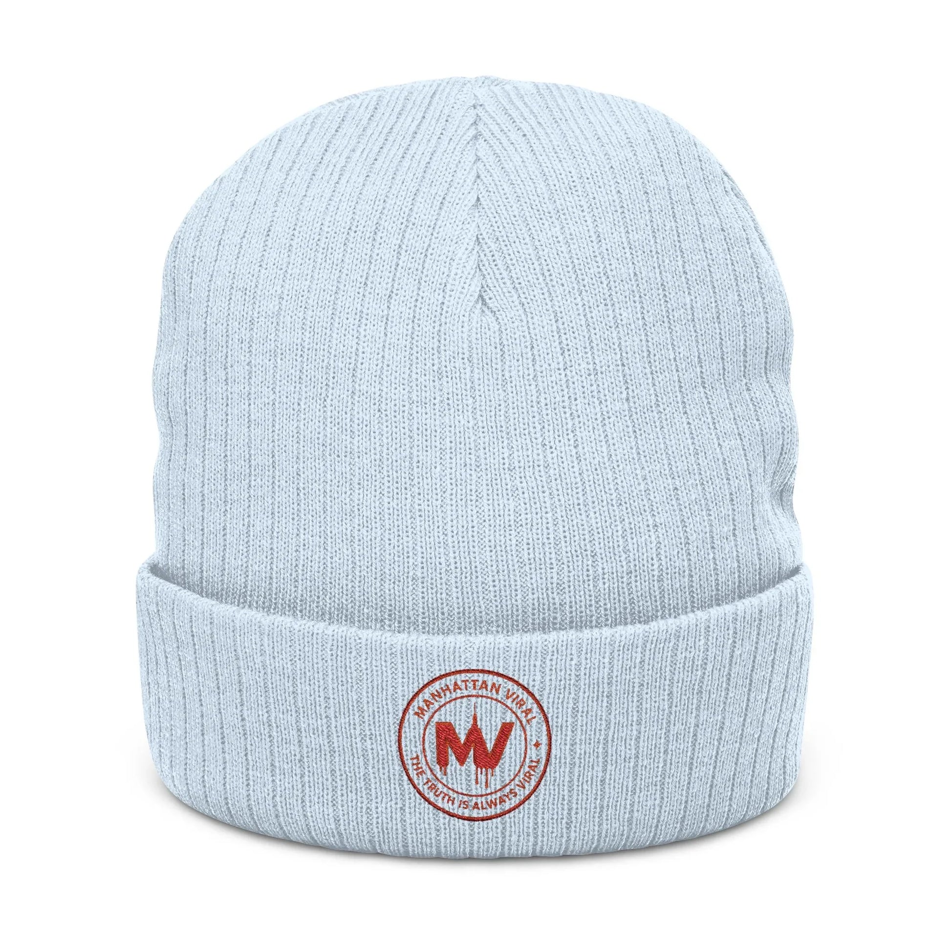 MV Medallion Ribbed Knit Beanie - Premium Embroidered Winter Hat - MV Medallion Ribbed Knit Beanie - Premium Embroidered Winter Hat | Manhattan Viral - One size - Light Grey Melange