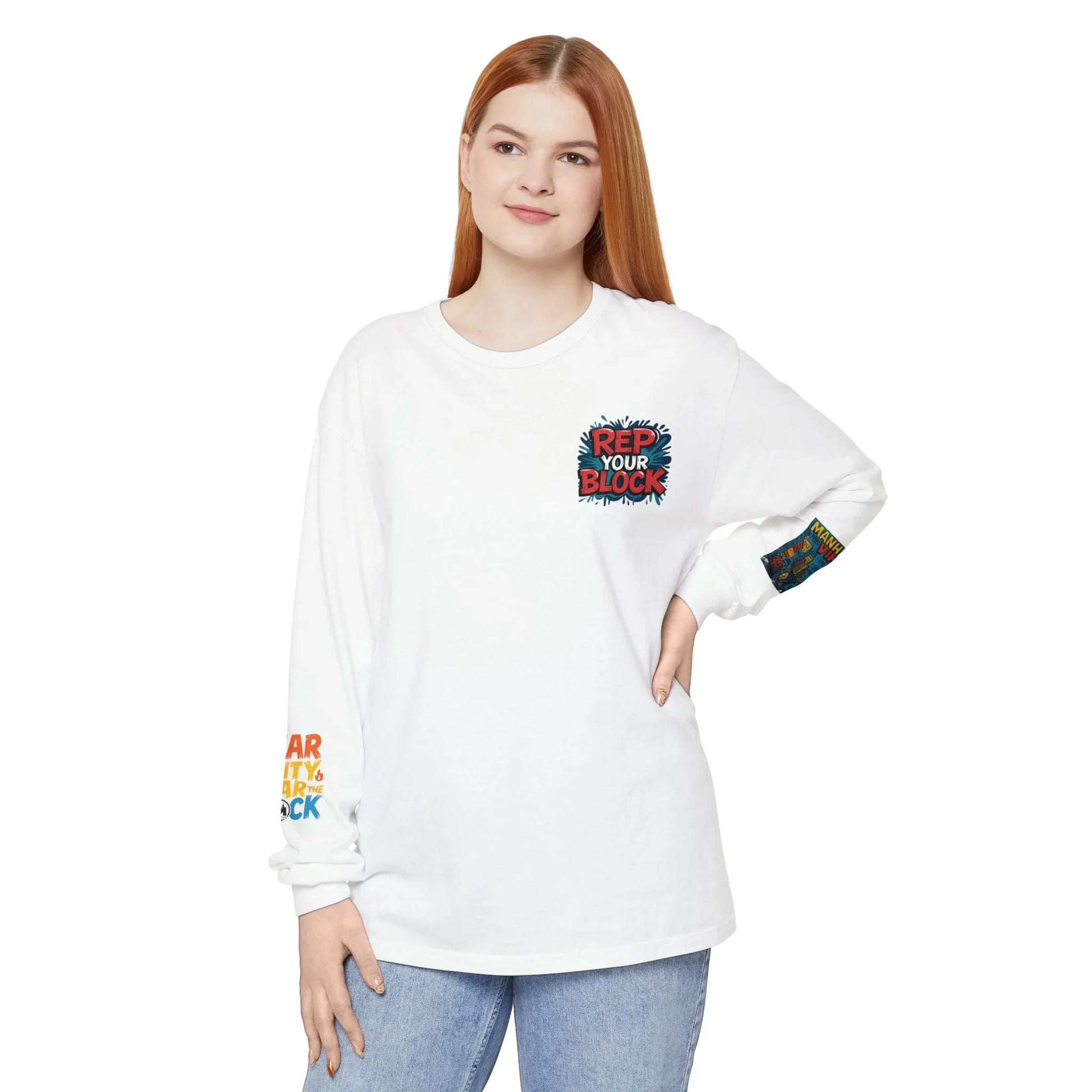 Rep The Block Graphic Long Sleeve Tee with Lion Design, Streetwear - Rep The Block Graphic Long Sleeve Tee with Lion Design, Streetwear - White - M