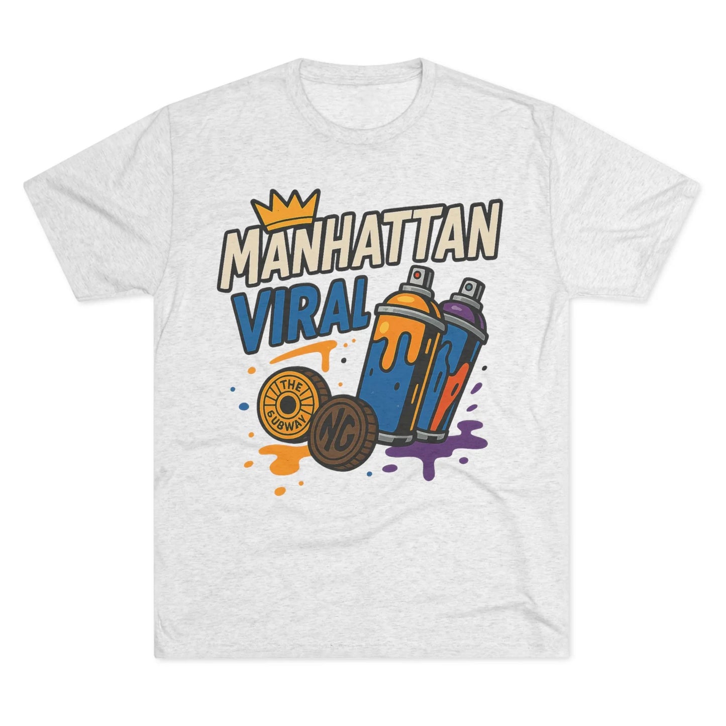 Village MV Graffiti Graphic Tee, Trendy Streetwear NYC T-Shirt - S - Tri-Blend Heather White
