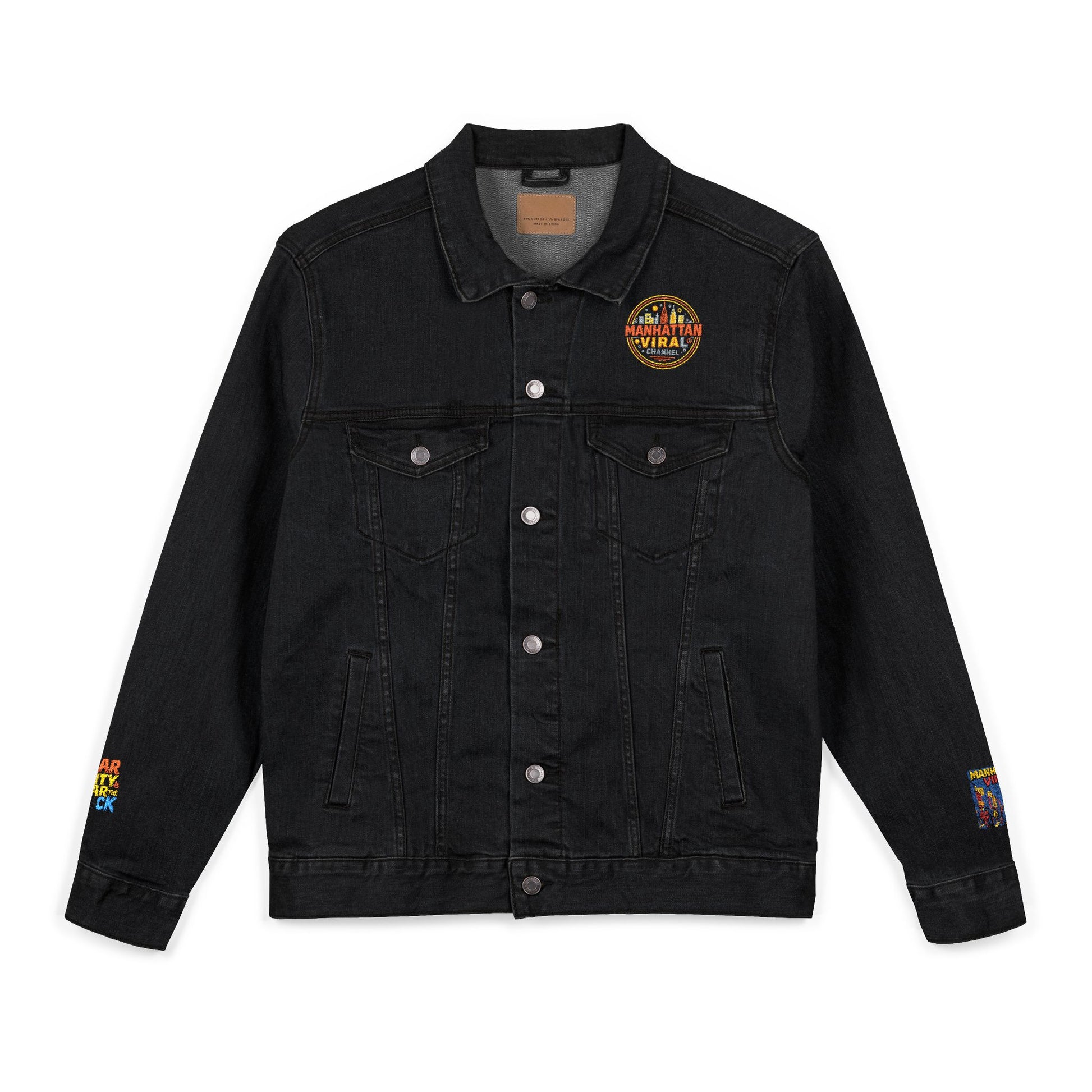 MV Channel Denim Jacket - Manhattan Viral Channel Embroidered Denim Jacket, Casual Streetwear, Unisex Fashion - Manhattan Viral