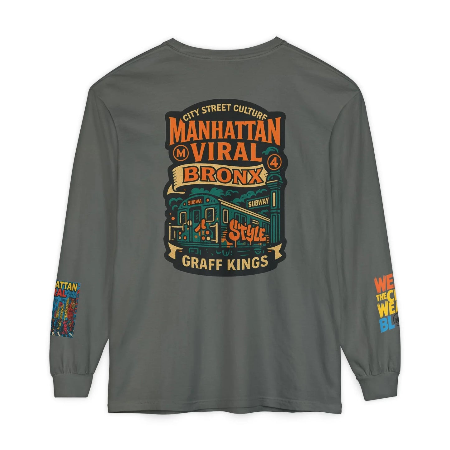 Wear The City Graffiti Long Sleeve T-Shirt, Unisex Streetwear Long Tee - Grey - L