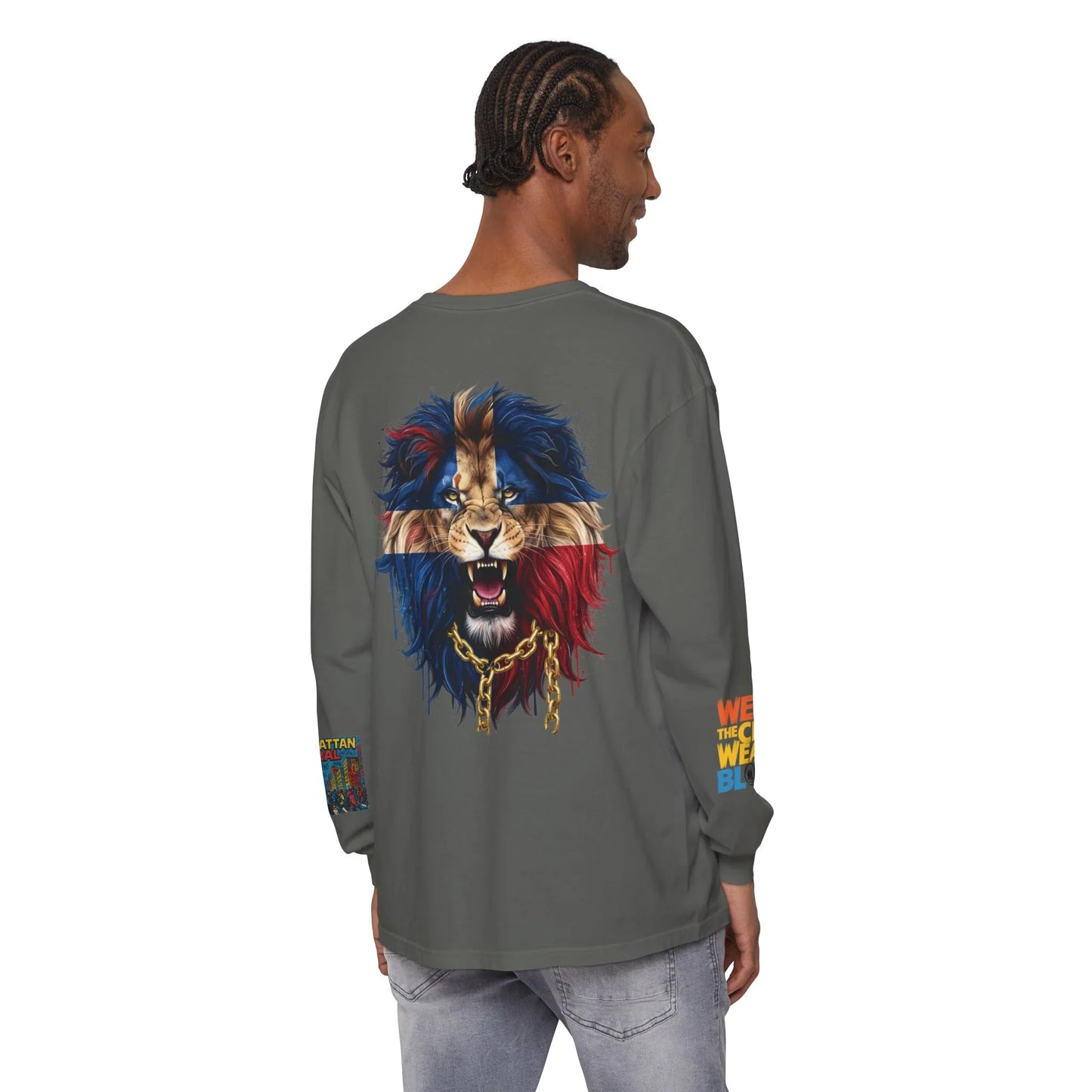 Rep The Block Graphic Long Sleeve Tee with Lion Design, Streetwear - Pepper - M