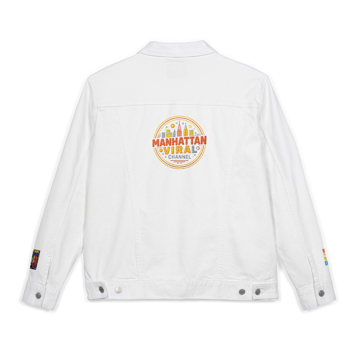 Manhattan Viral Channel Embroidered Denim Jacket, Casual Streetwear, Unisex Fashion - Manhattan Viral