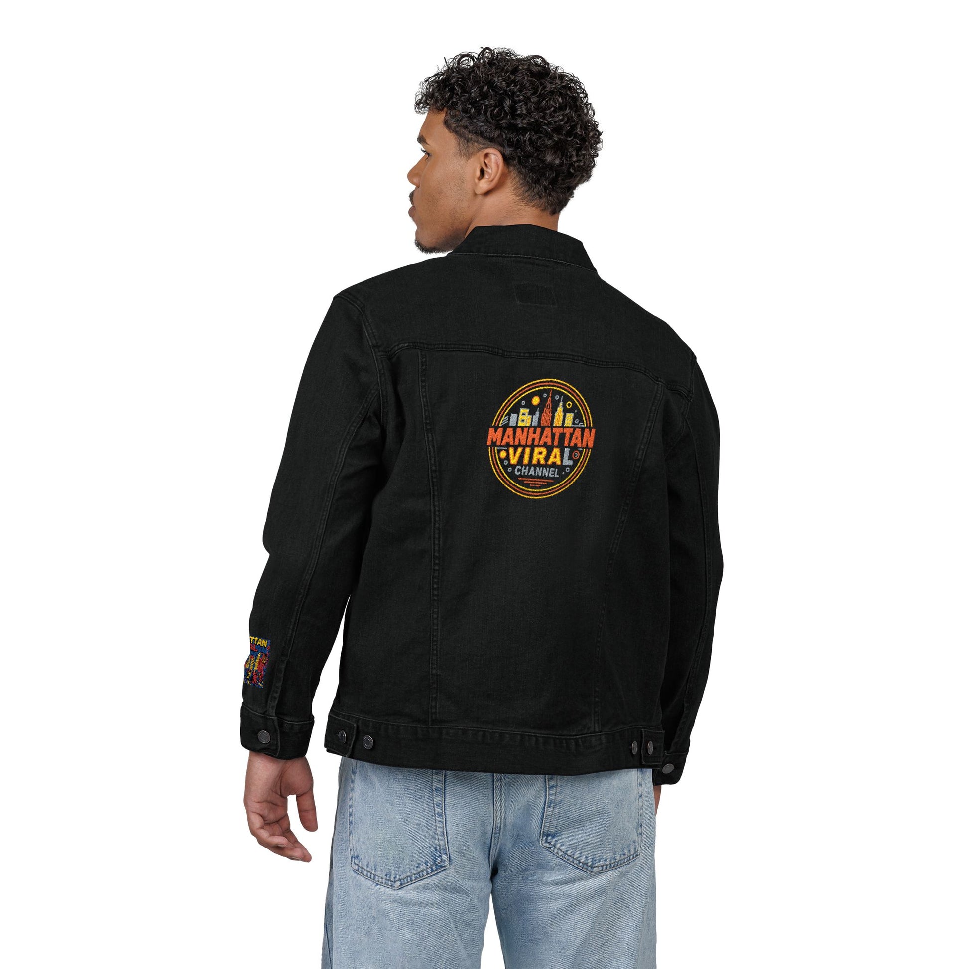 MV Channel Denim Jacket - Manhattan Viral Channel Embroidered Denim Jacket, Casual Streetwear, Unisex Fashion - Manhattan Viral