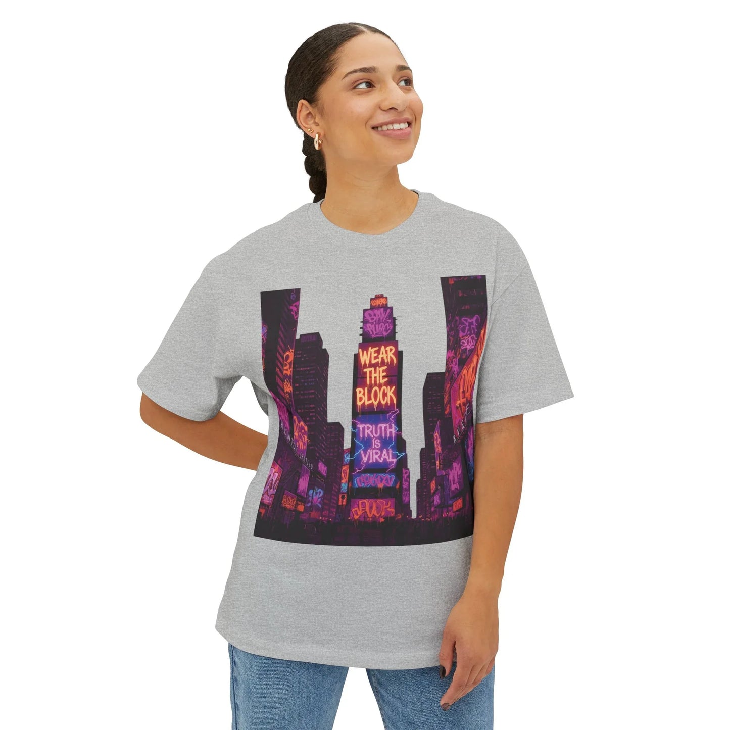 Viral Times Square  Oversized Boxy Tee with Urban Graphic, Streetwear T-Shirt, NYC Fashion - White - XS