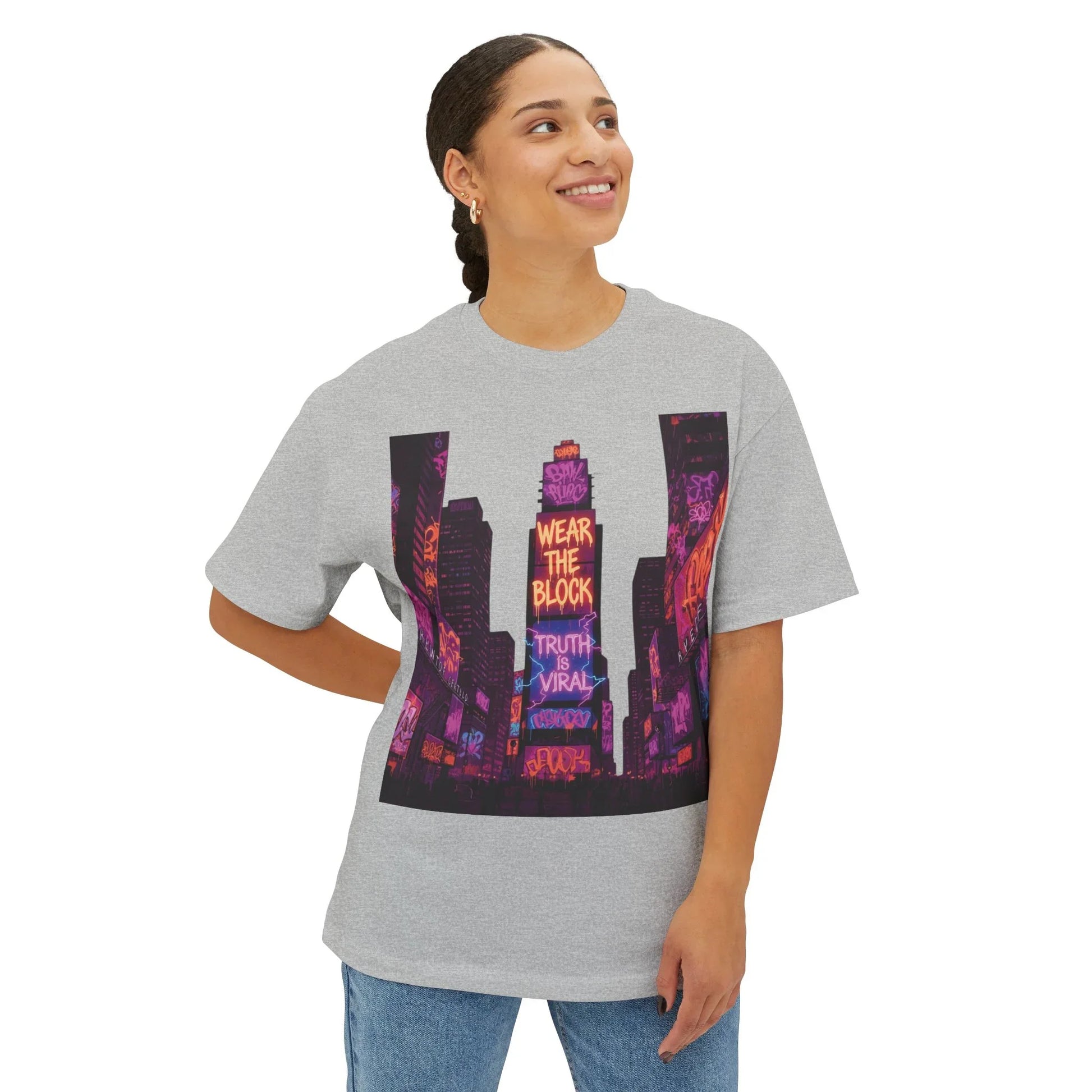 Viral Times Square  Oversized Boxy Tee with Urban Graphic, Streetwear T-Shirt, NYC Fashion - Viral Times Square  Oversized Boxy Tee with Urban Graphic, Streetwear T-Shirt, NYC Fashion - White - XS