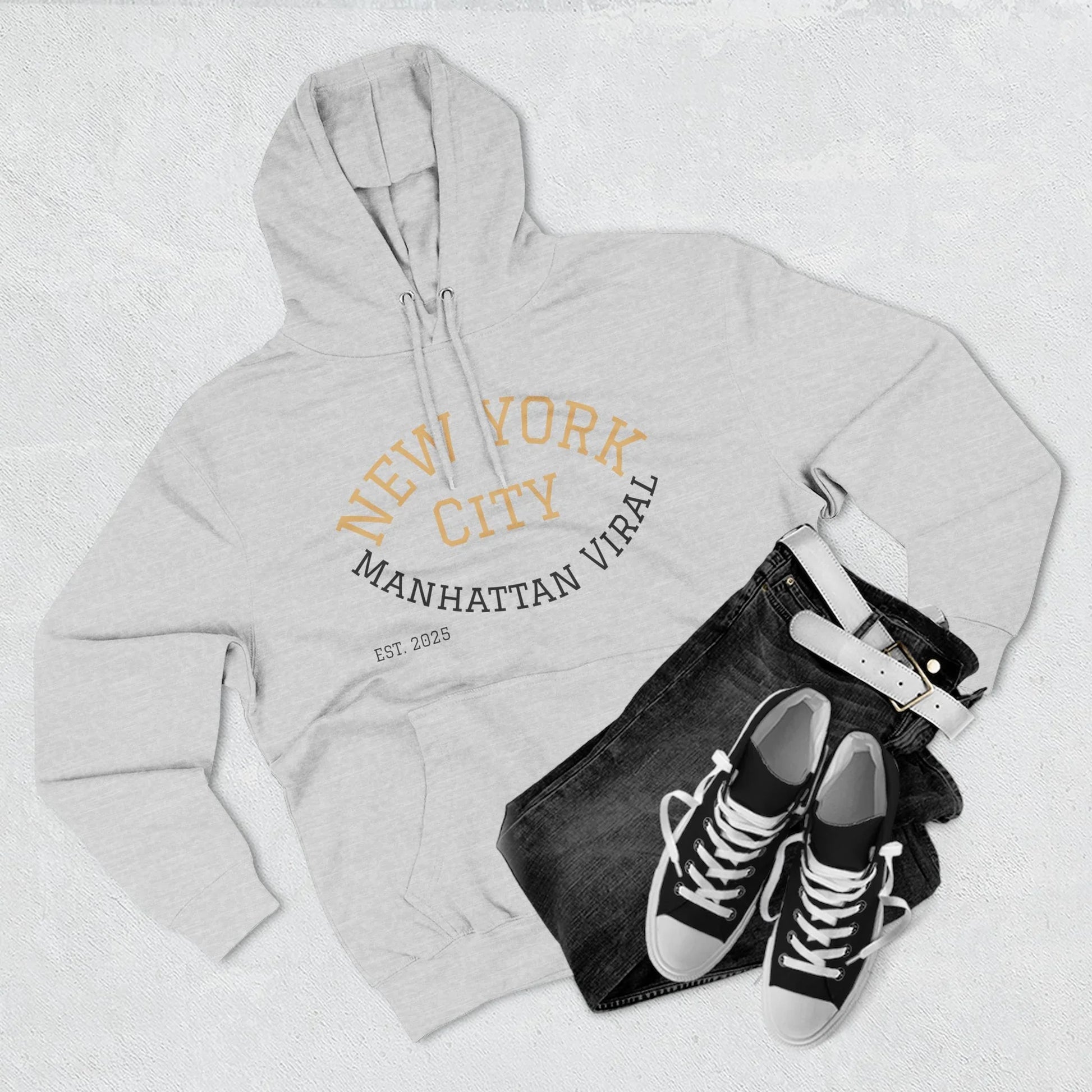 New York City MV Three-Panel Fleece Hoodie, Cozy Streetwear, Urban Fashion, Gift for NYC Lovers, Casual Layering Piece - Manhattan Viral
