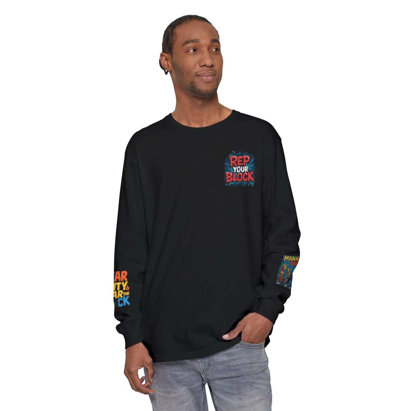 Rep The Block Graphic Long Sleeve Tee with Lion Design, Streetwear - Pepper - S