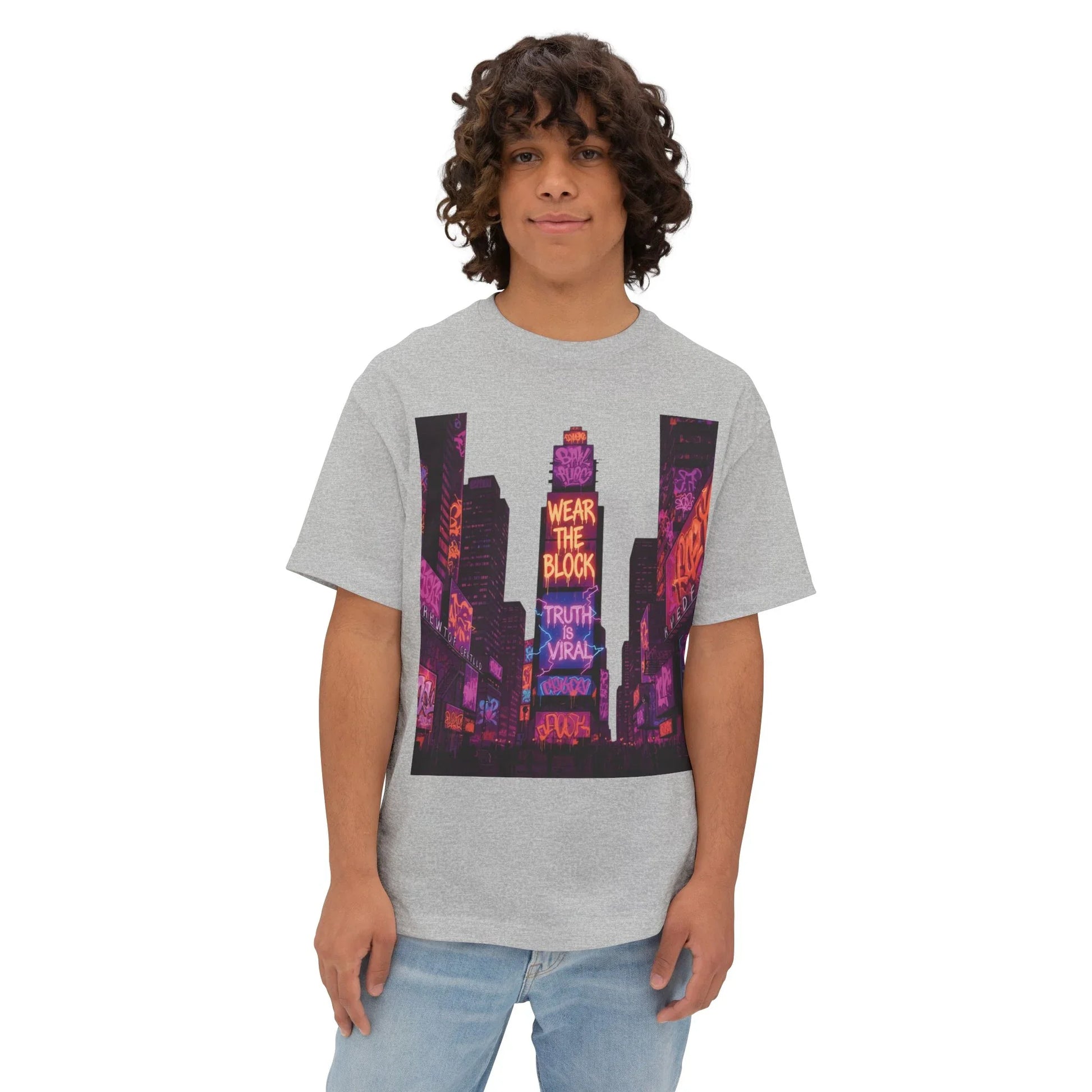 Viral Times Square  Oversized Boxy Tee with Urban Graphic, Streetwear T-Shirt, NYC Fashion - Viral Times Square  Oversized Boxy Tee with Urban Graphic, Streetwear T-Shirt, NYC Fashion - Dark Grey - L
