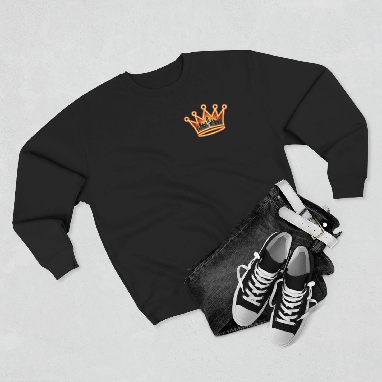 NYC Crowned Crewneck Sweatshirt with Crown Design, Streetwear - L - Oatmeal Heather