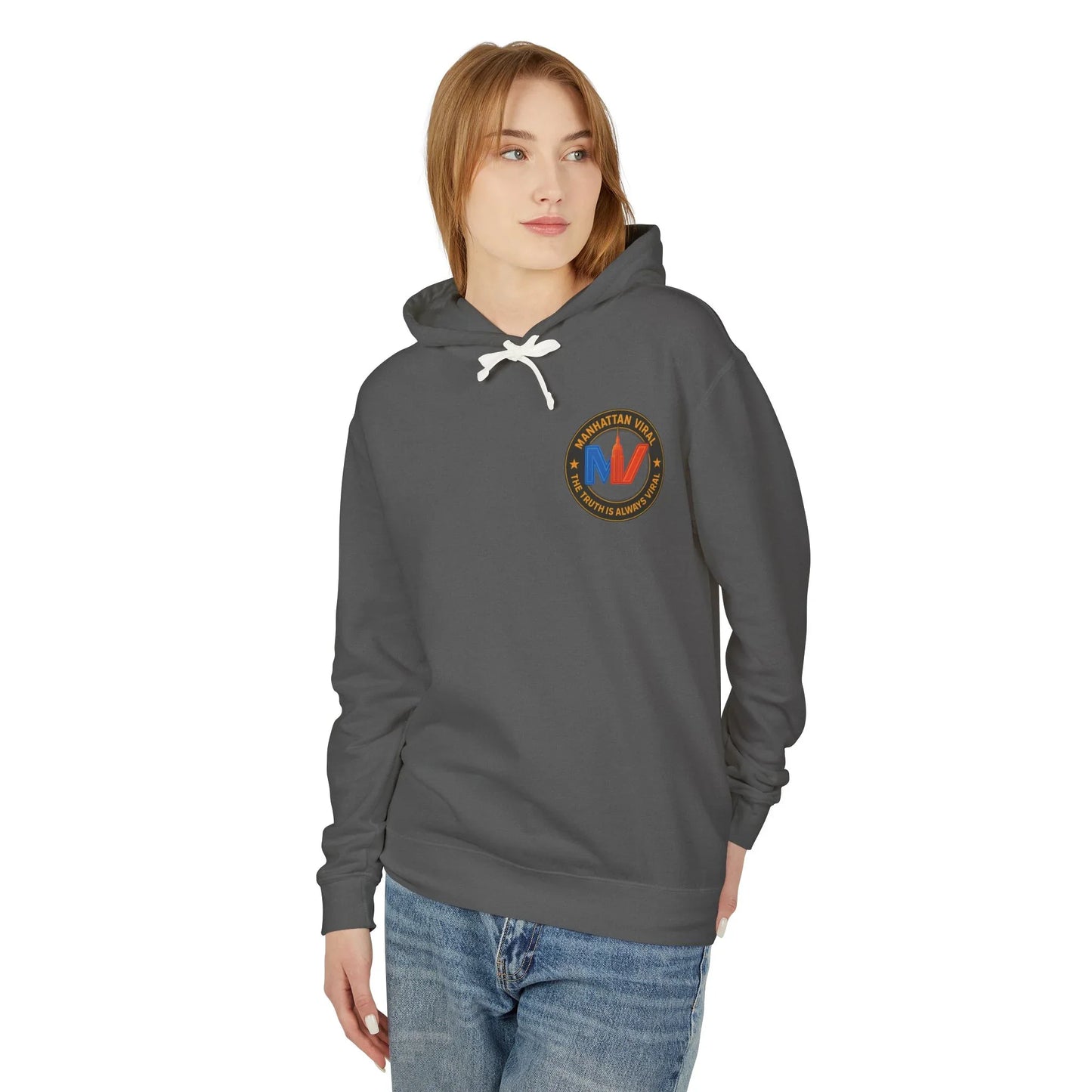 Manhattan Viral Medallion Unisex Lightweight Hooded Sweatshirt, NYC Streetwear - XL - Ivory