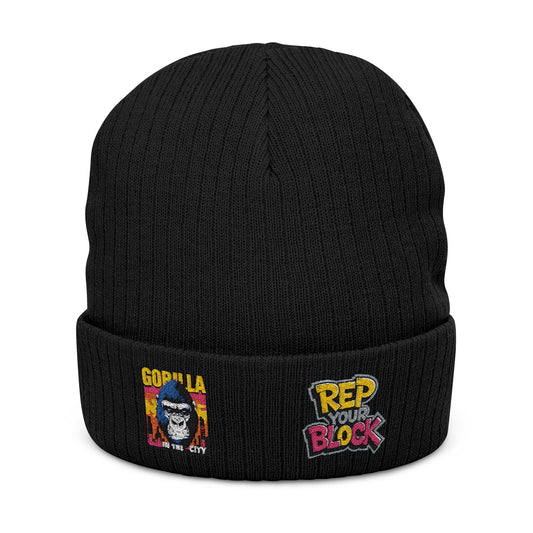 Embroidered Ribbed Beanie — Retro 'Rep Block' Gorilla In The City Patch Knit Hat