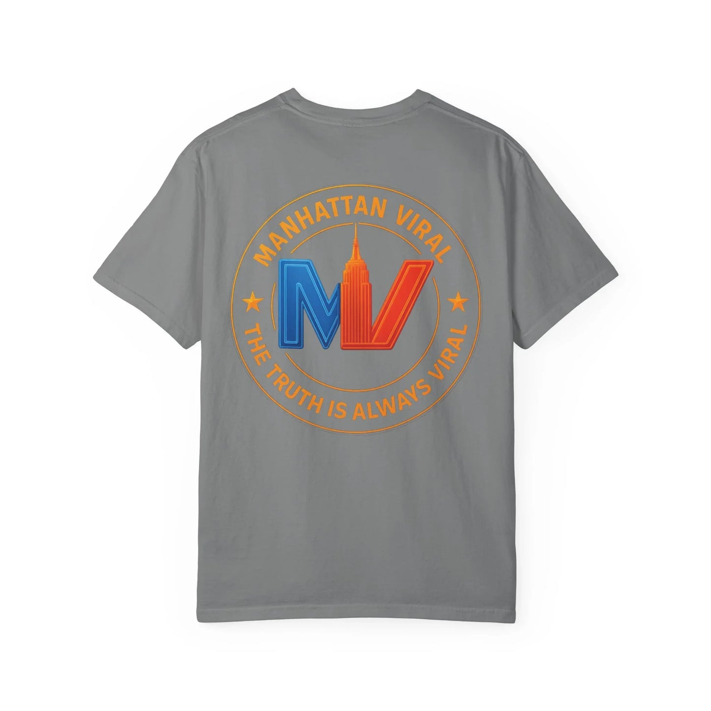 MV Medallion Garment-Dyed T-shirt with 'Manhattan Viral' Graphic, NYC Streetwear - Graphite - XL