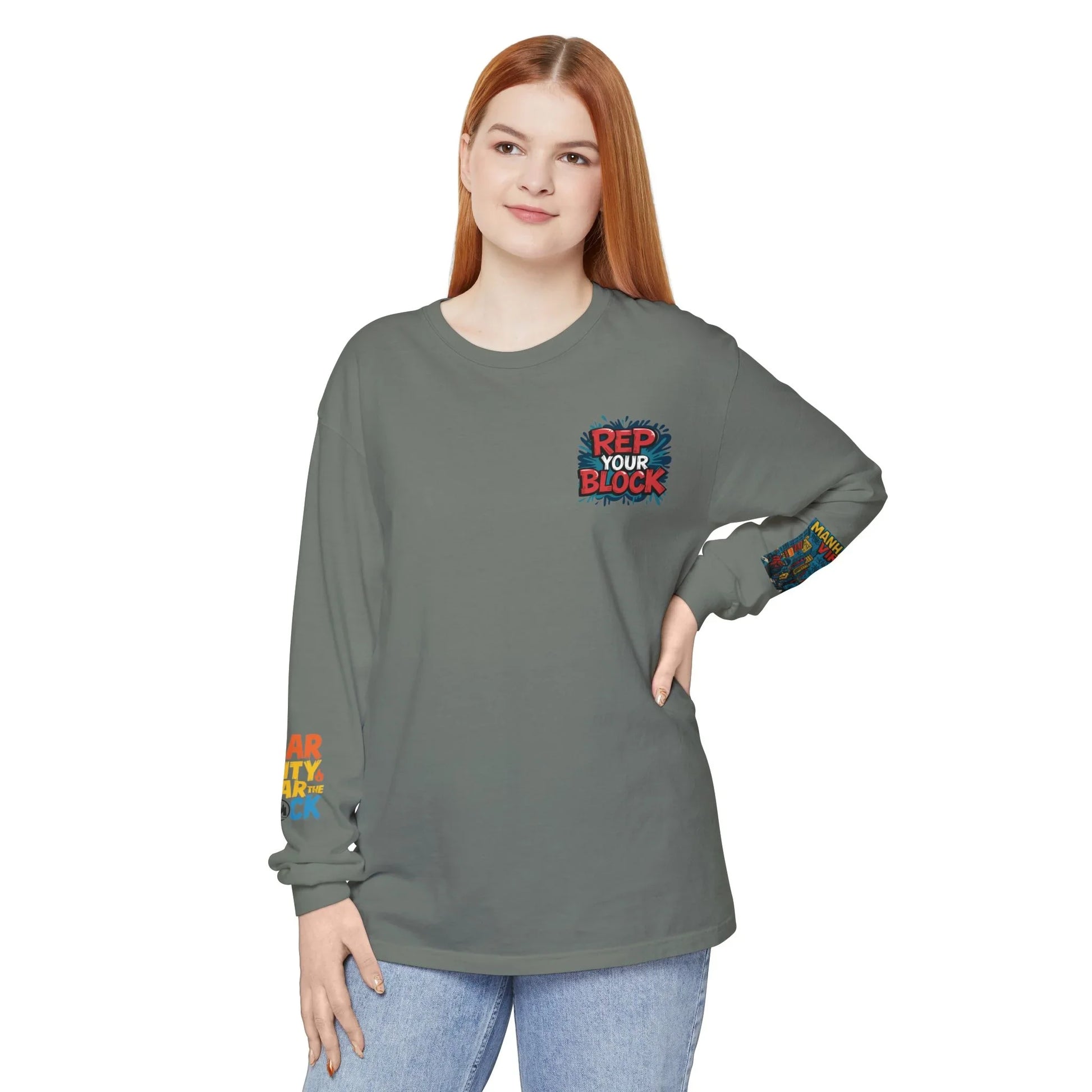 Rep The Block Graphic Long Sleeve Tee with Lion Design, Streetwear - Rep The Block Graphic Long Sleeve Tee with Lion Design, Streetwear - Pepper - L