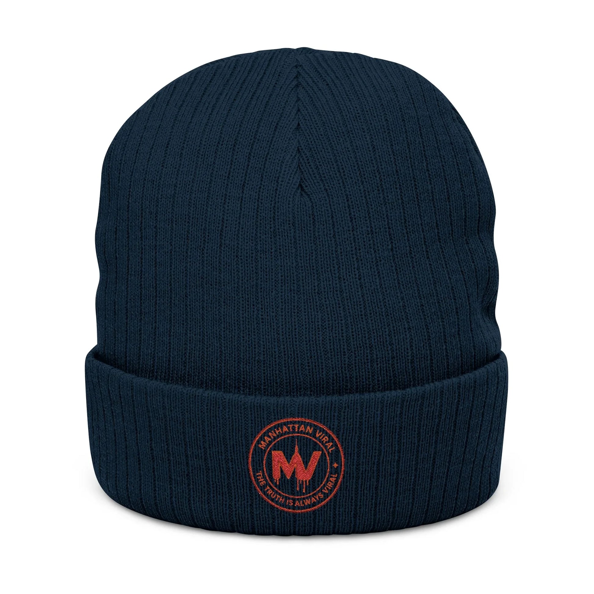 MV Medallion Ribbed Knit Beanie - Premium Embroidered Winter Hat - MV Medallion Ribbed Knit Beanie - Premium Embroidered Winter Hat | Manhattan Viral - One size - Navy