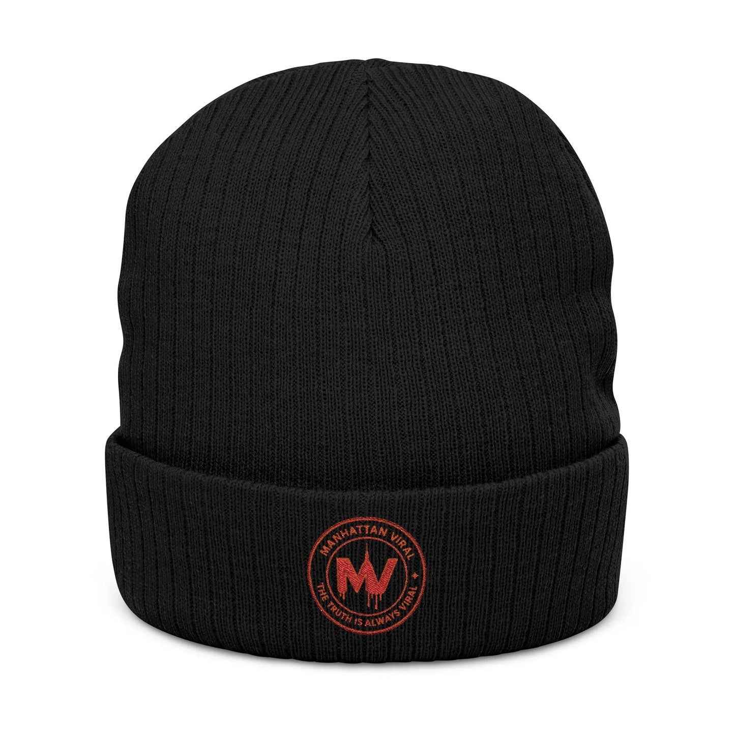 MV Medallion Ribbed Knit Beanie - Premium Embroidered Winter Hat | Manhattan Viral - One size - Black