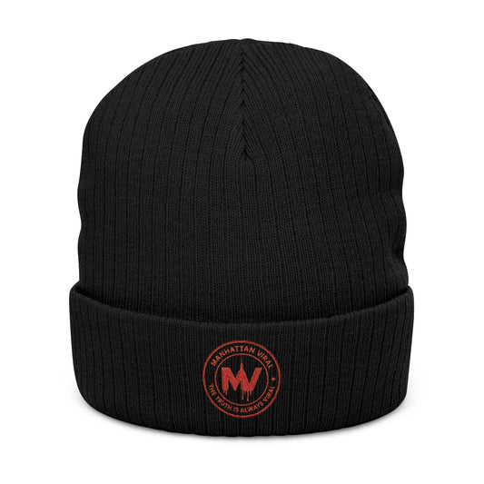 MV Medallion Ribbed Knit Beanie - Premium Embroidered Winter Hat | Manhattan Viral - One size - Black